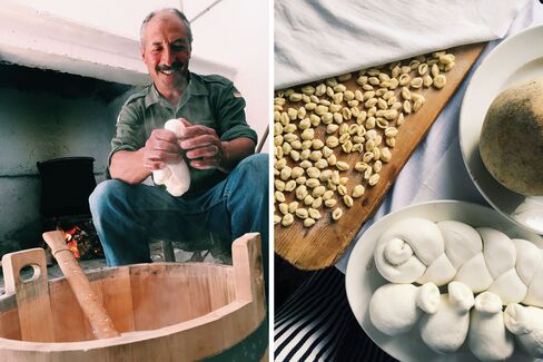 Guests often spend a day at the ancient masseria (farm) that supplies the hotels produce, grains, and cheeses. Here a farmer makes mozzarella with milk from the masseria's prized cows, cooking it over the fire in a massive cauldron. The cheese finds its way to the farm's large outdoor pizza oven and to the table of a rustic lunch of handmade pastas, simply prepared vegetables, and grilled meats. When in season, tiny flavorful strawberries with a squeeze of lemon and fresh cream are a treat.