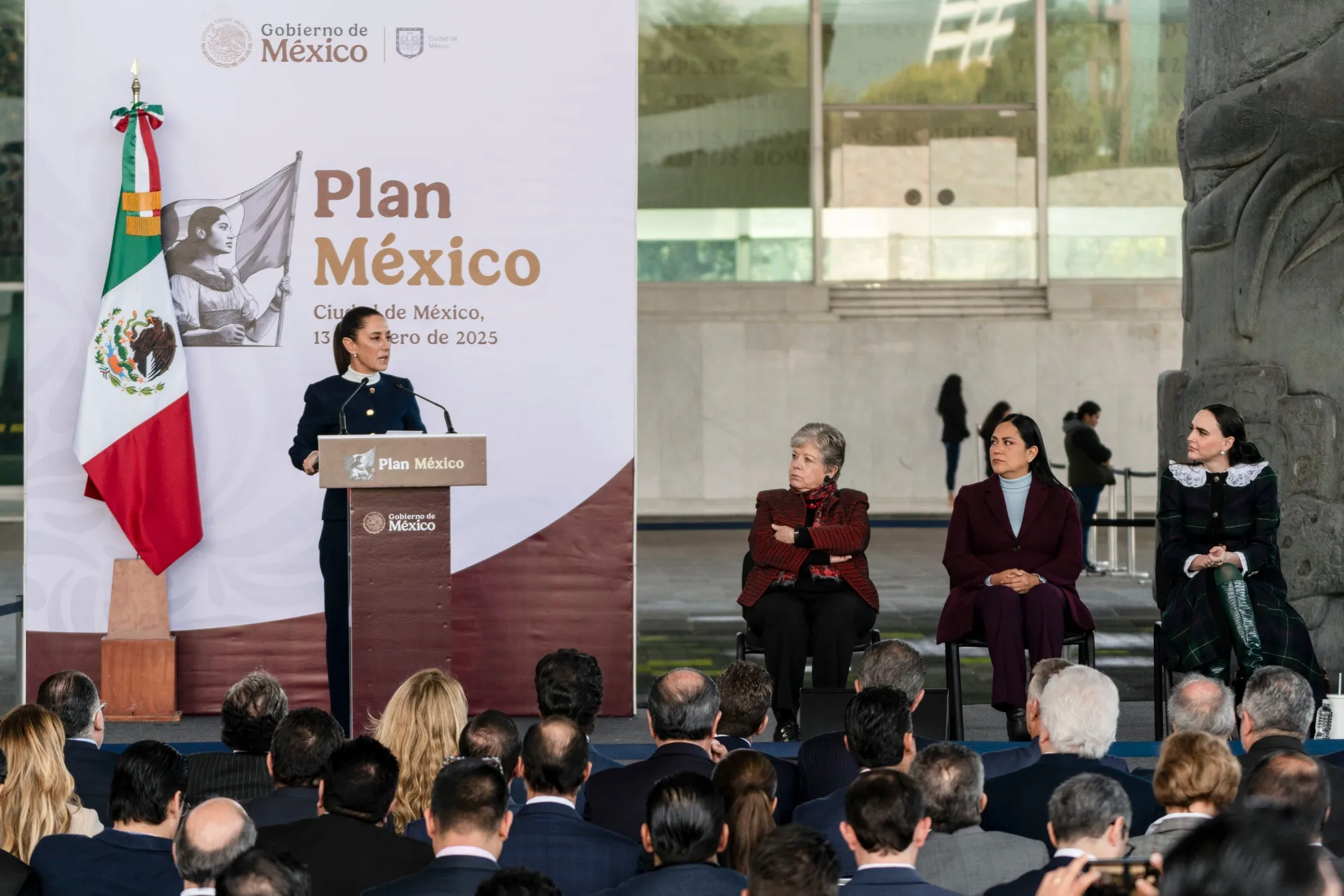 Claudia Sheinbaum speaks during a press conference on Plan Mexico, at the National Anthropology Museum in Mexico City on Monday.