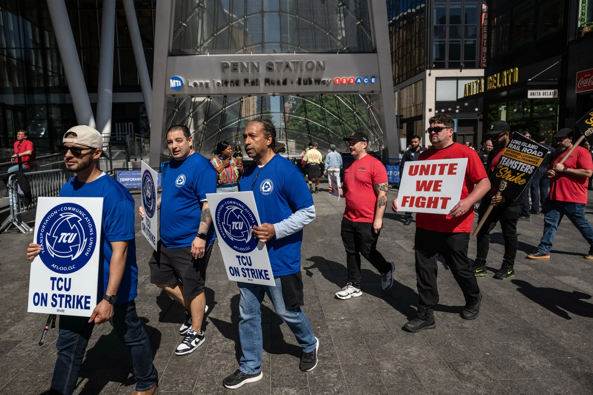 LIRR workers picket outside of Penn Station in New York on May 16.