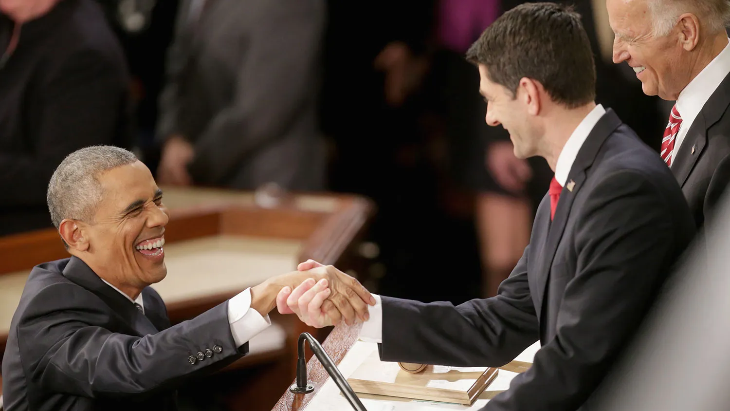 President Barack Obama shakes hands with Speaker of the House Paul Ryan before delivering the State of the Union speech on Jan. 12, 2016, in Washington.
