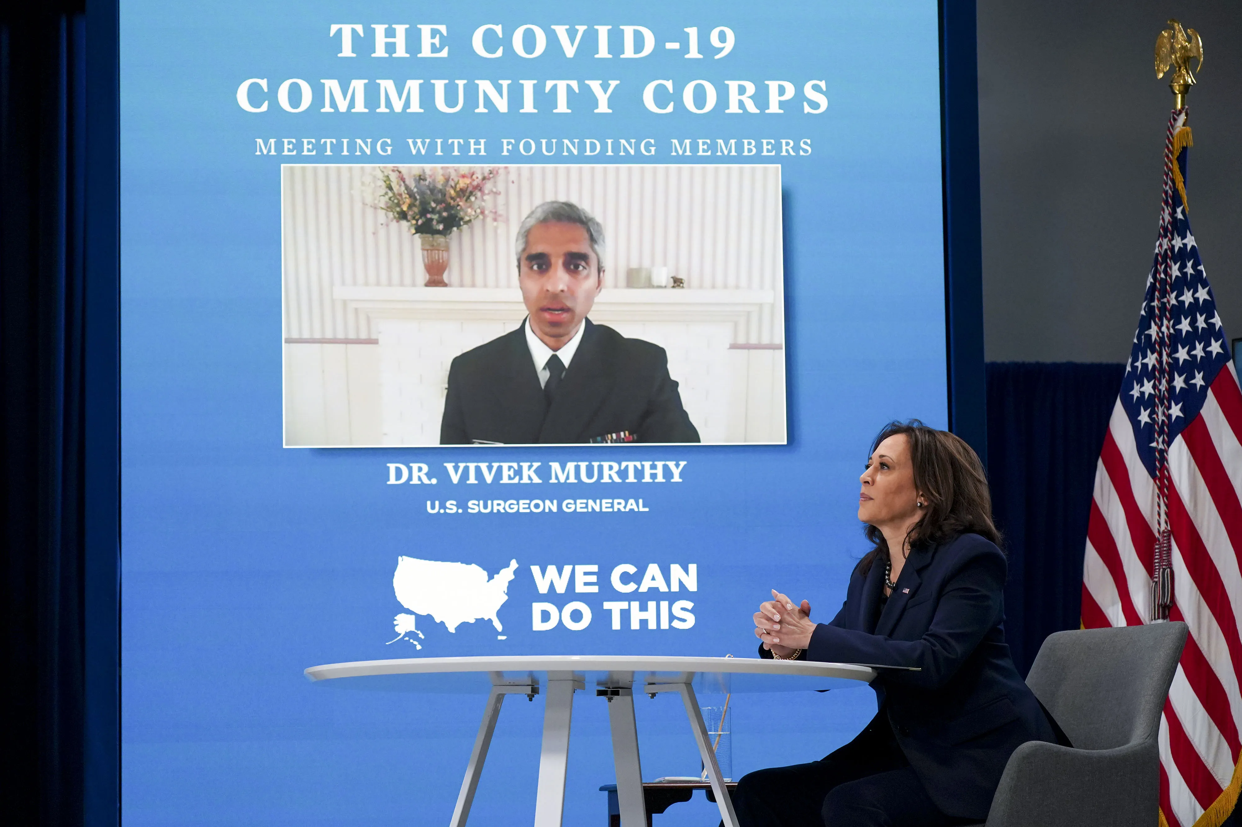 Vivek Murthy during a virtual meeting with Vice President Kamala Harris.