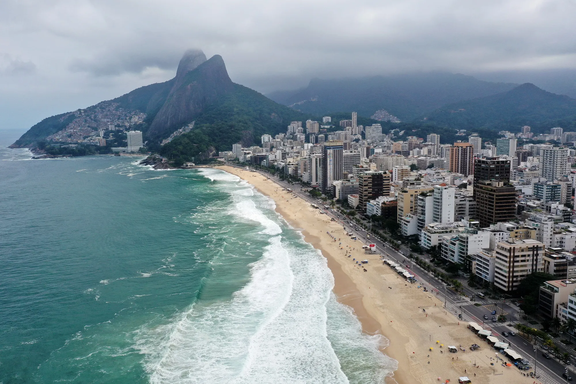 An aerial view of an overcast Leblon Beach in Rio de Janeiro.