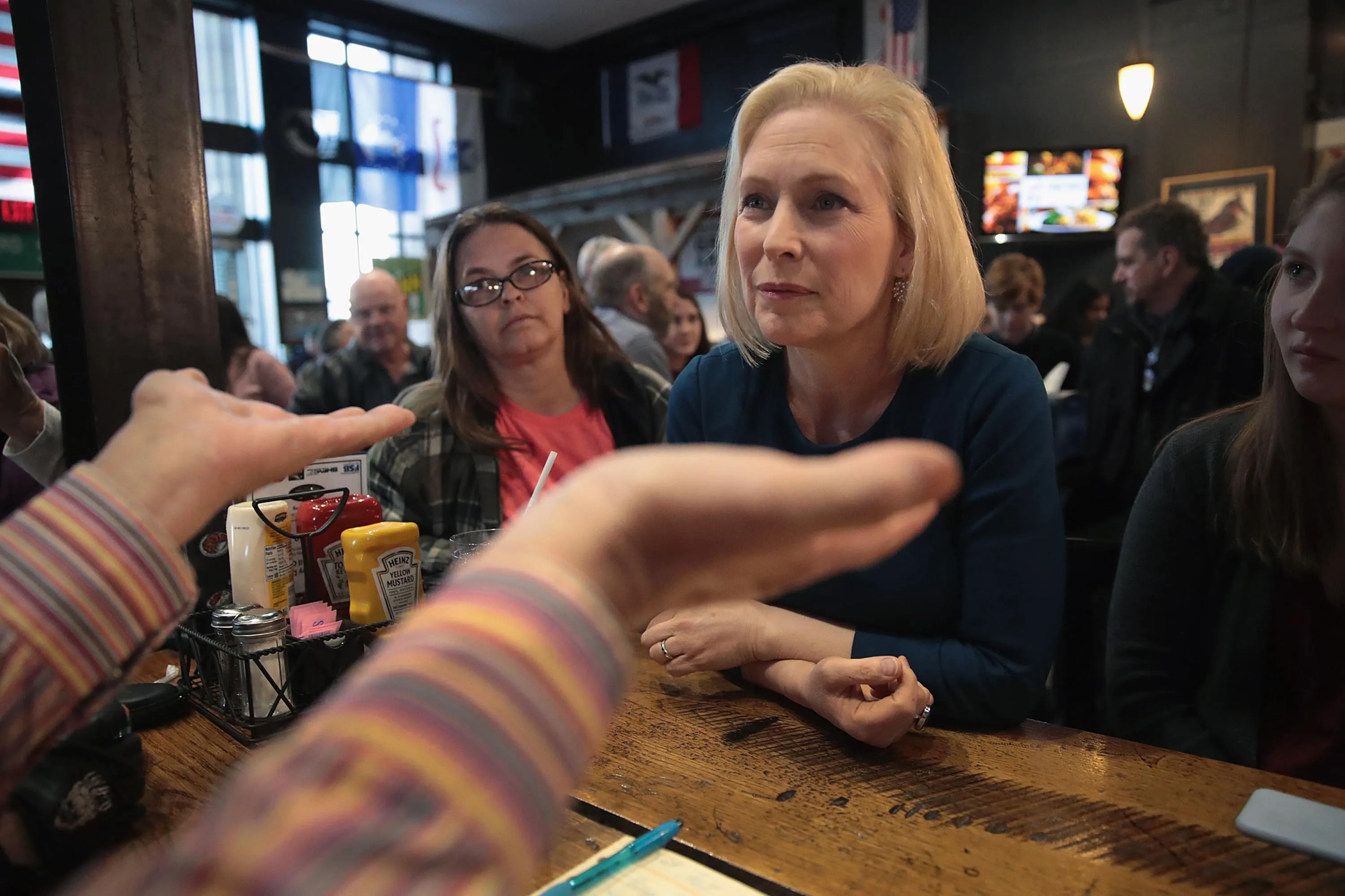 Senator Kirsten Gillibrand speaks to guests during a campaign stop.&nbsp;