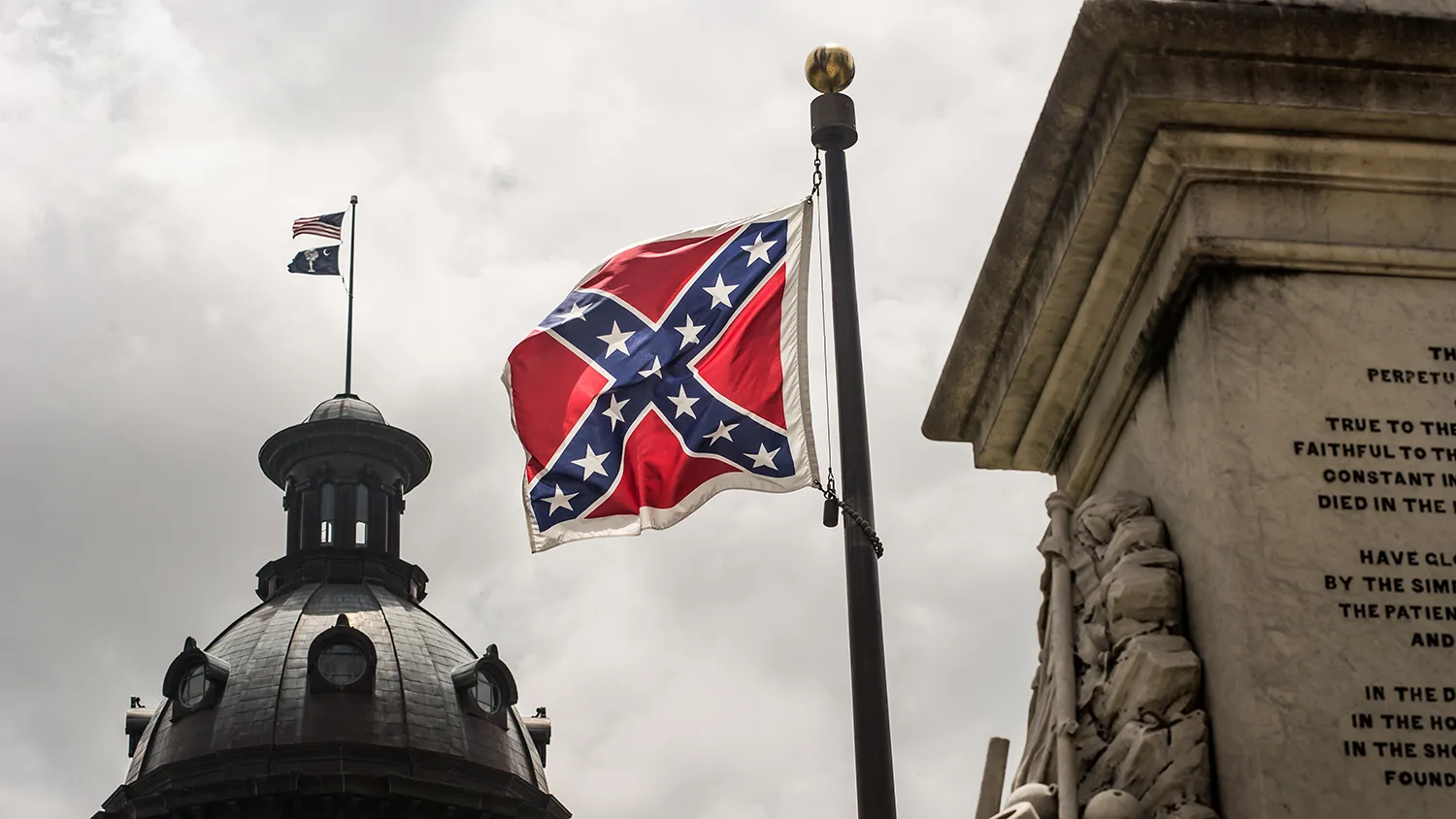 The Confederate battle flag flies at the South Carolina state house grounds July 8, 2015 in Columbia, South Carolina.

