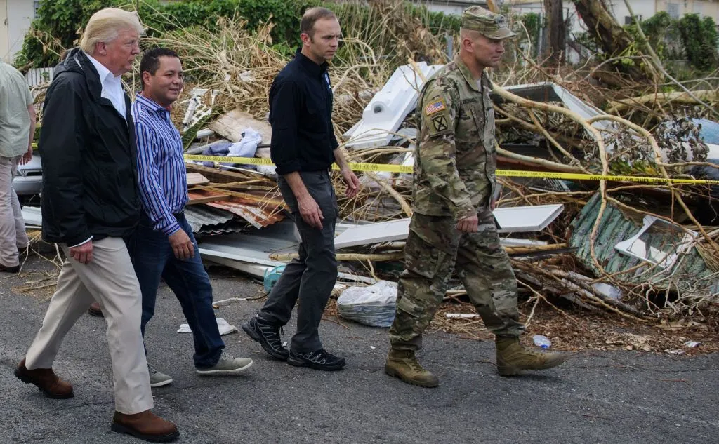 President Donald Trump tours damage in Guaynabo, Puerto Rico on Oct. 3, 2017.