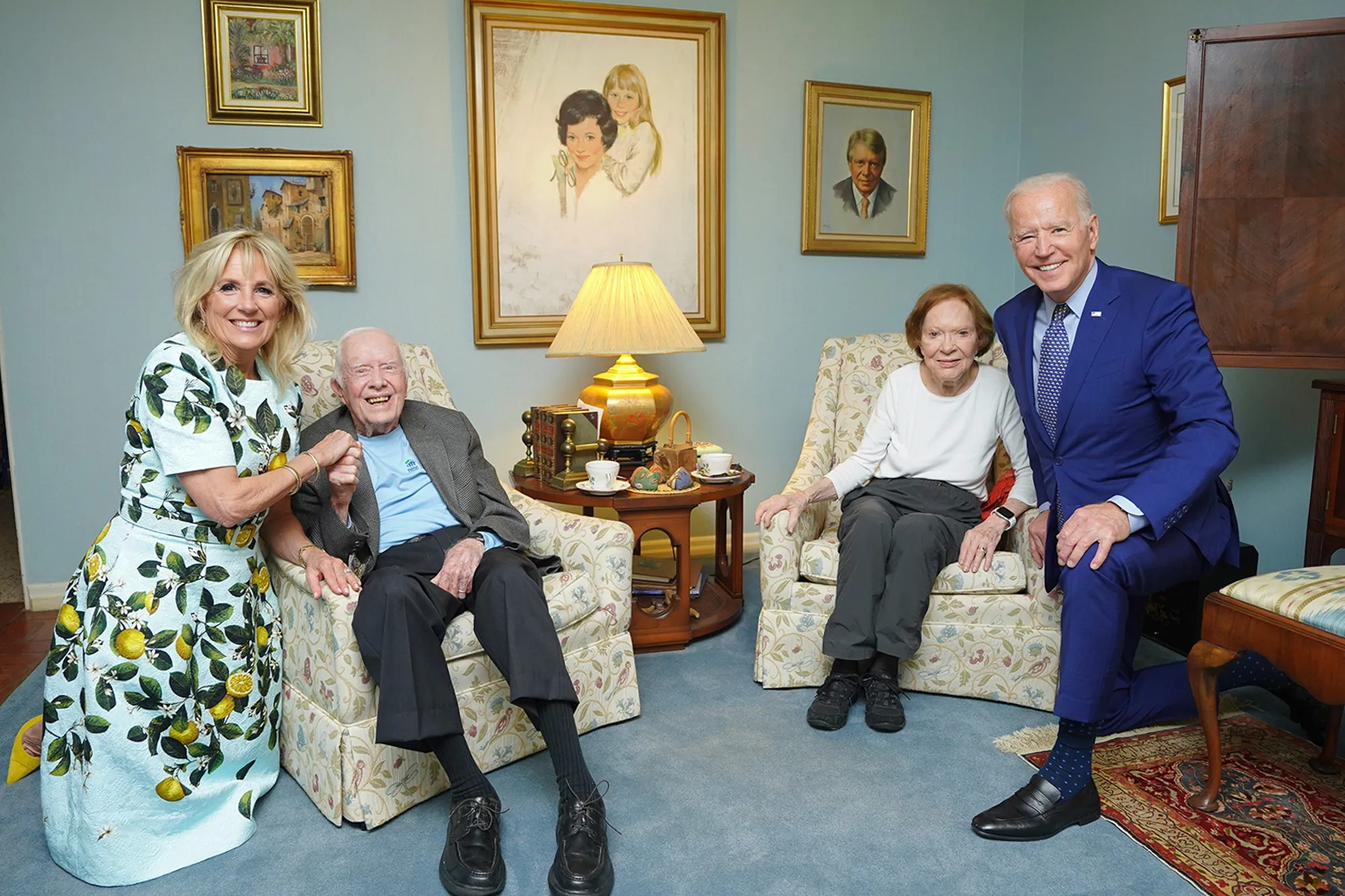 Former President Jimmy Carter and former first lady Rosalynn Carter pose for a photo with President Joe Biden and first lady Jill Biden at the home of the Carter's in Plains, Georgia on April 30.&nbsp;