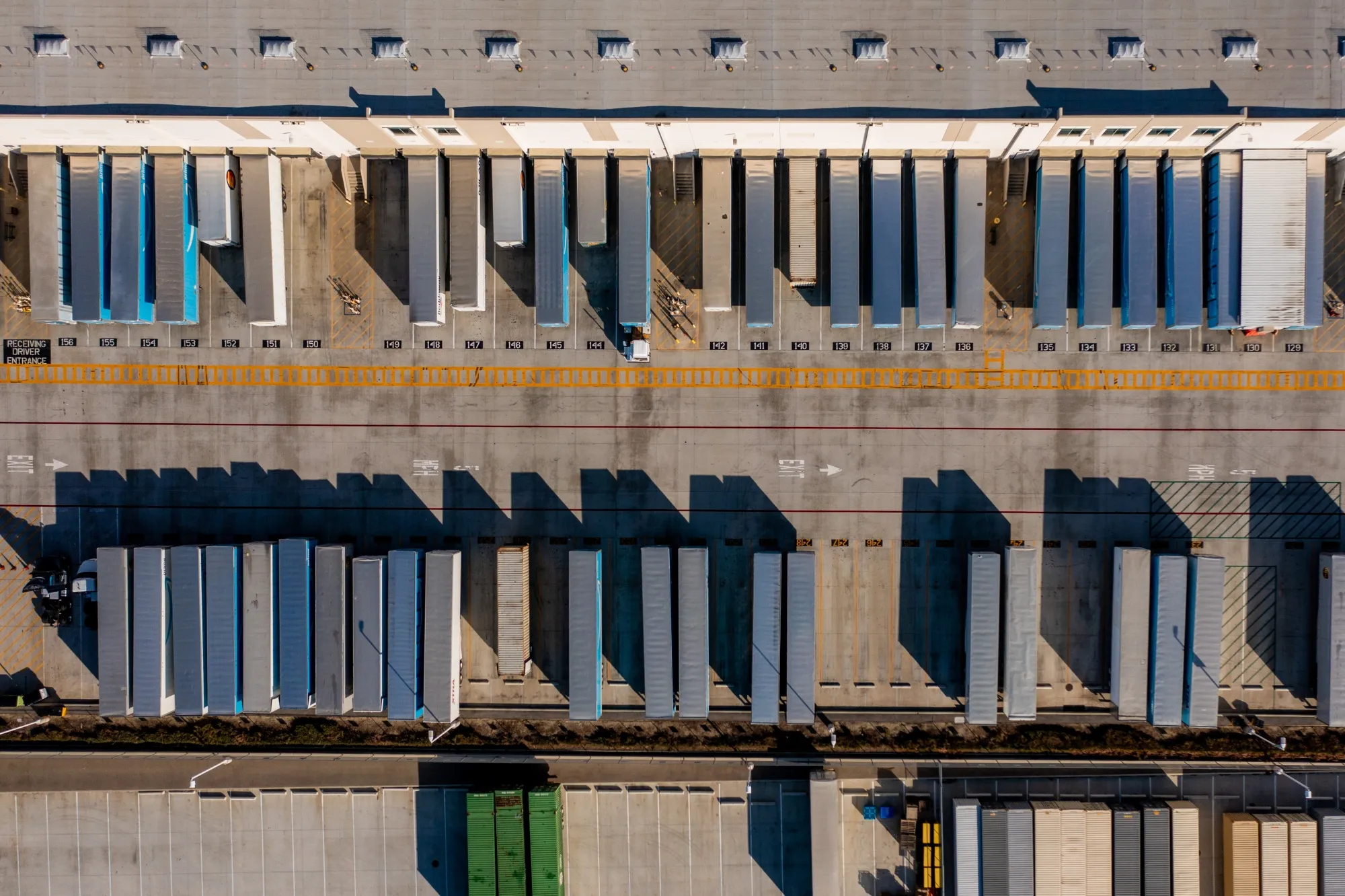 Shipping containers outside a warehouse in Redlands, California.