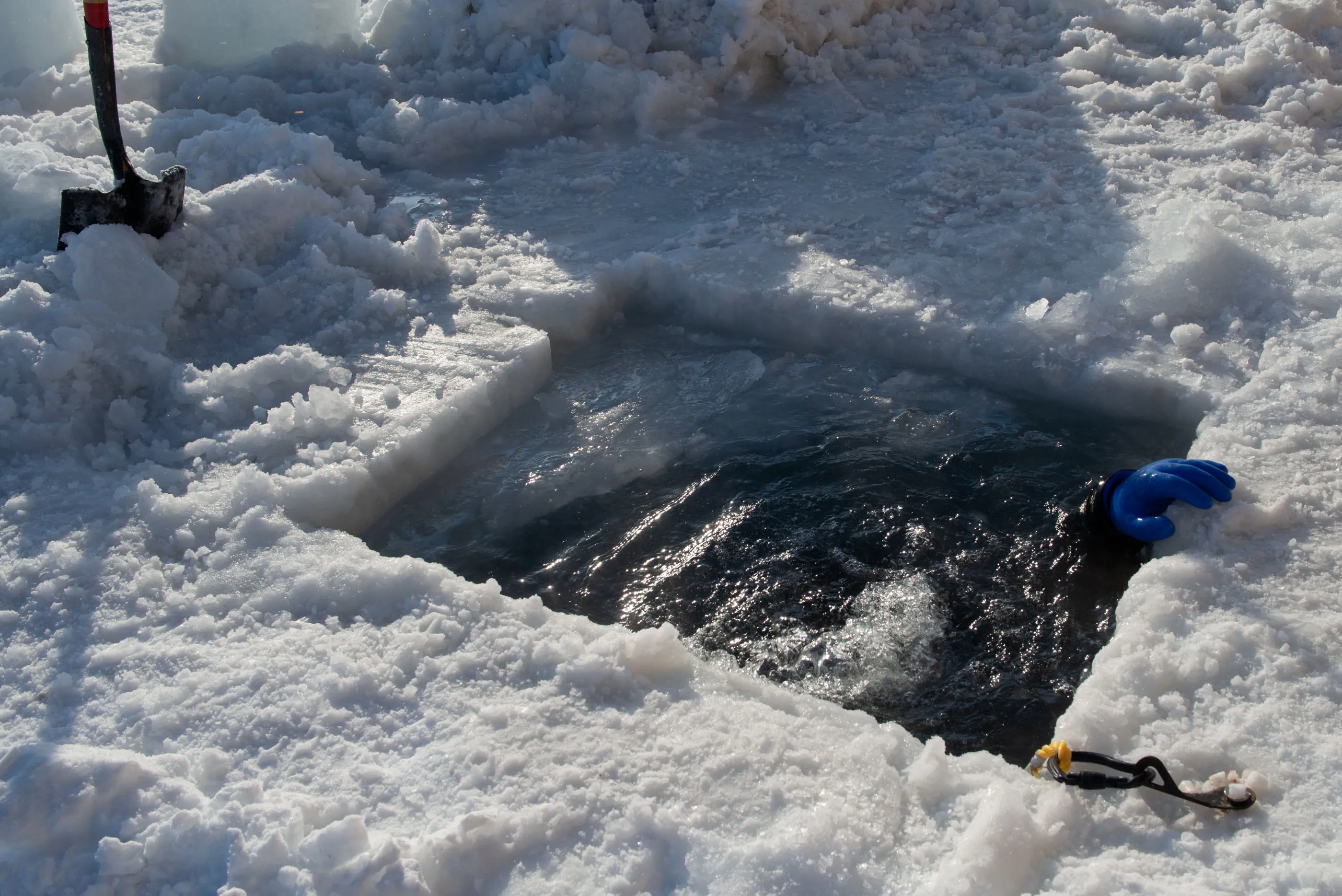 , a US Navy diver is submerged in the freezing water at an ice camp on the Beaufort Sea in March 2018. The blue glove of the navy seal is the only visible part of their body holding onto to the ice above. 