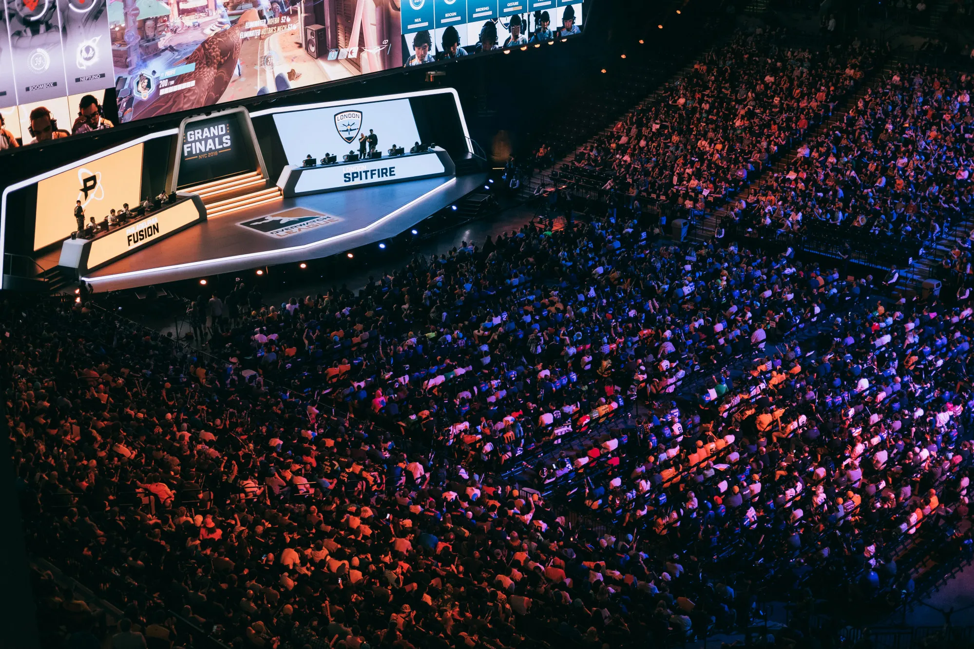 Gamers compete during the Overwatch League Grand Finals at Barclay Center in&nbsp;New York on&nbsp;July 27, 2018.&nbsp;