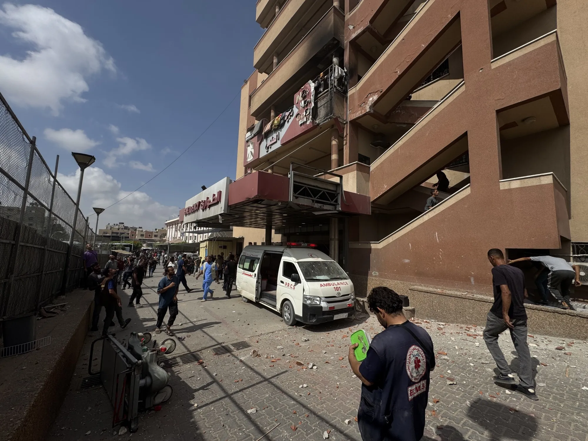The damage following an Israeli attack on the Nasser Medical Complex building in Khan Yunis.
