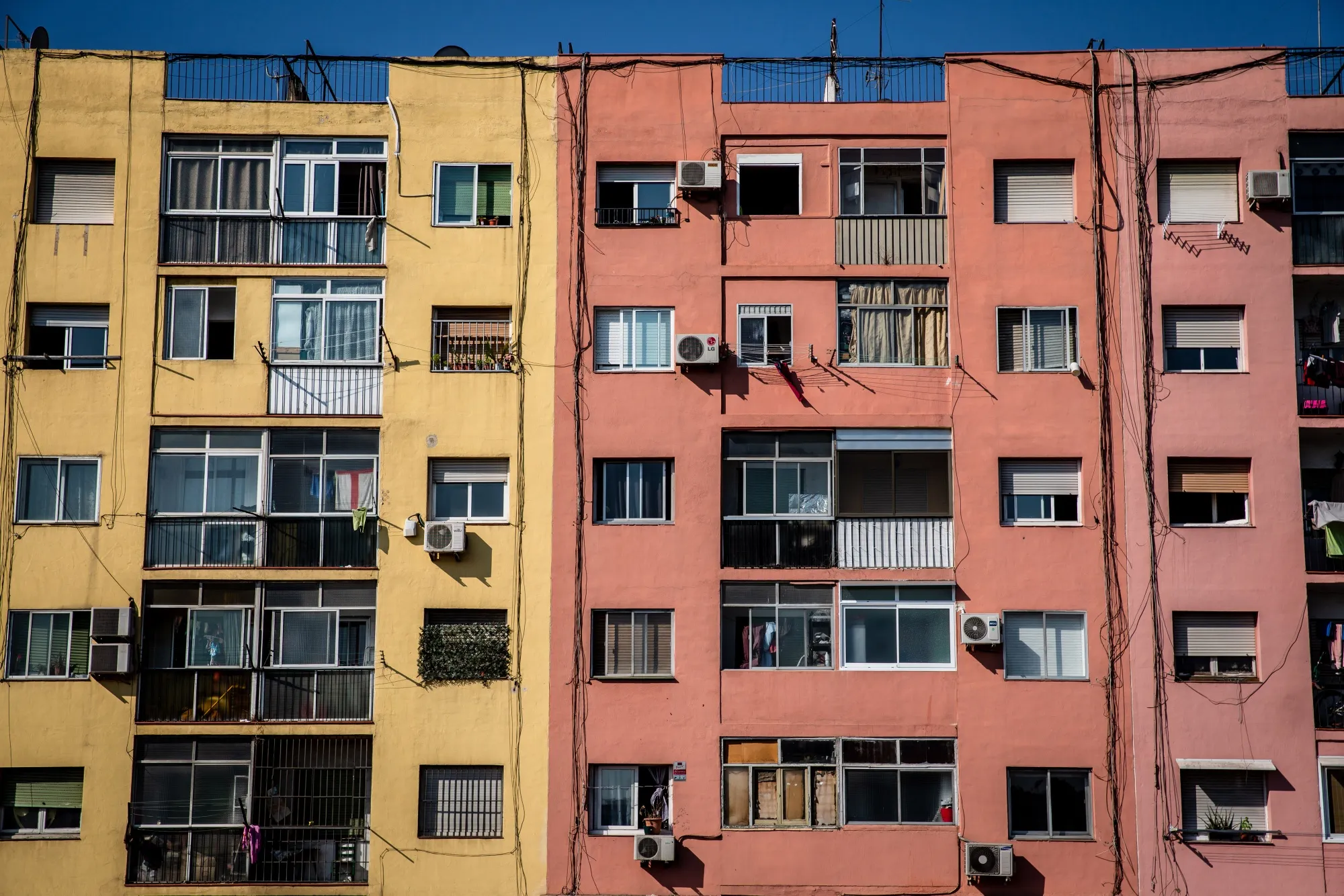 Air conditioning units on apartment buildings in Barcelona.&nbsp;