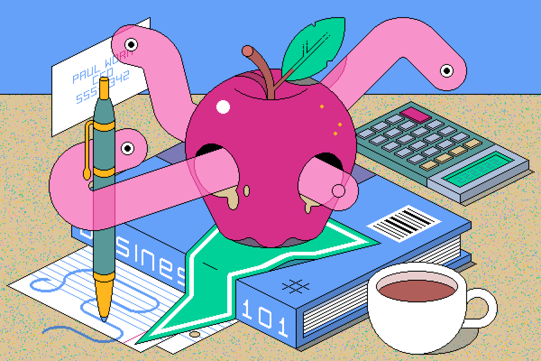 An apple with executive worms doing business