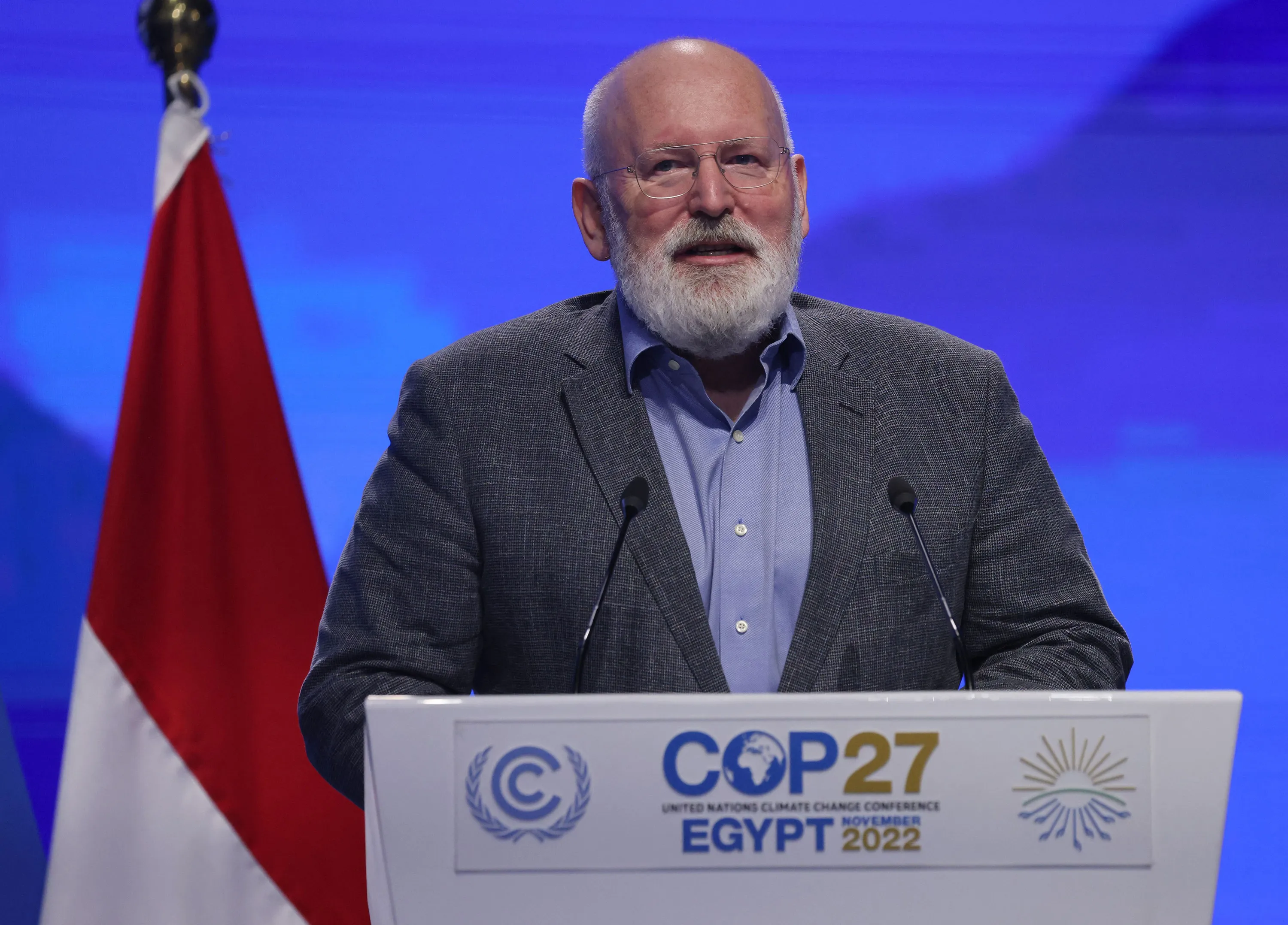 Frans Timmermans speaks during the COP27 climate conference in Sharm el-Sheikh, Egypt.