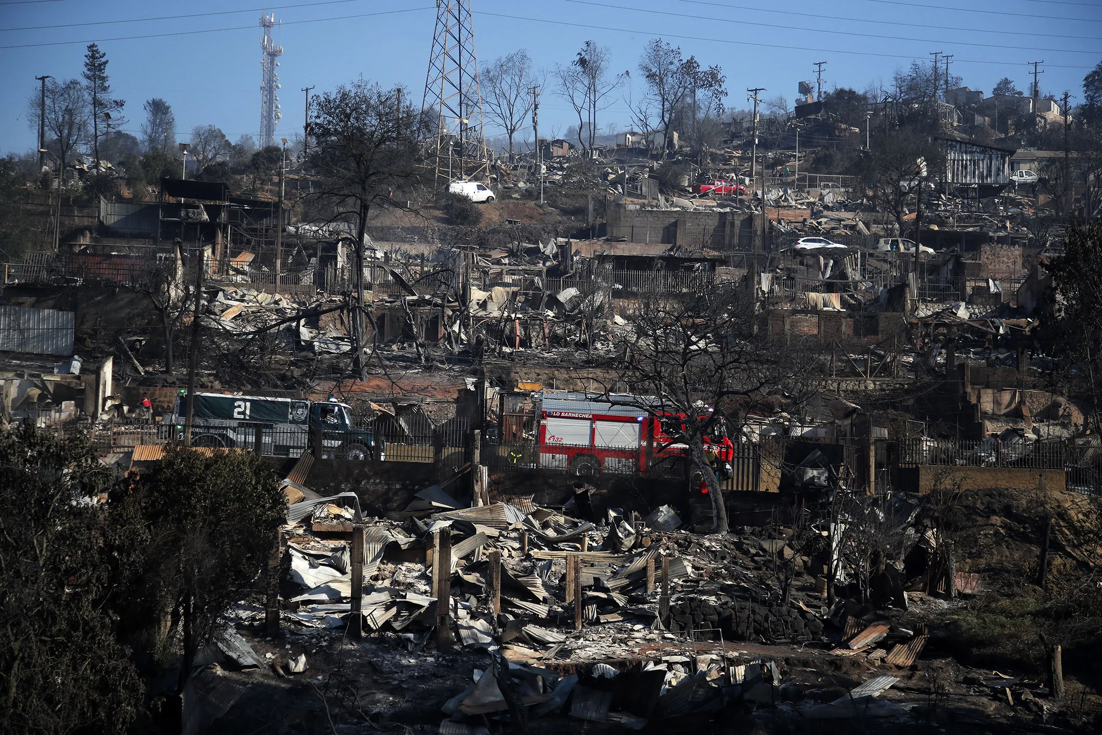 Burnt houses after a fire that affected the hills in Viña del Mar, Chile on Feb. 3.