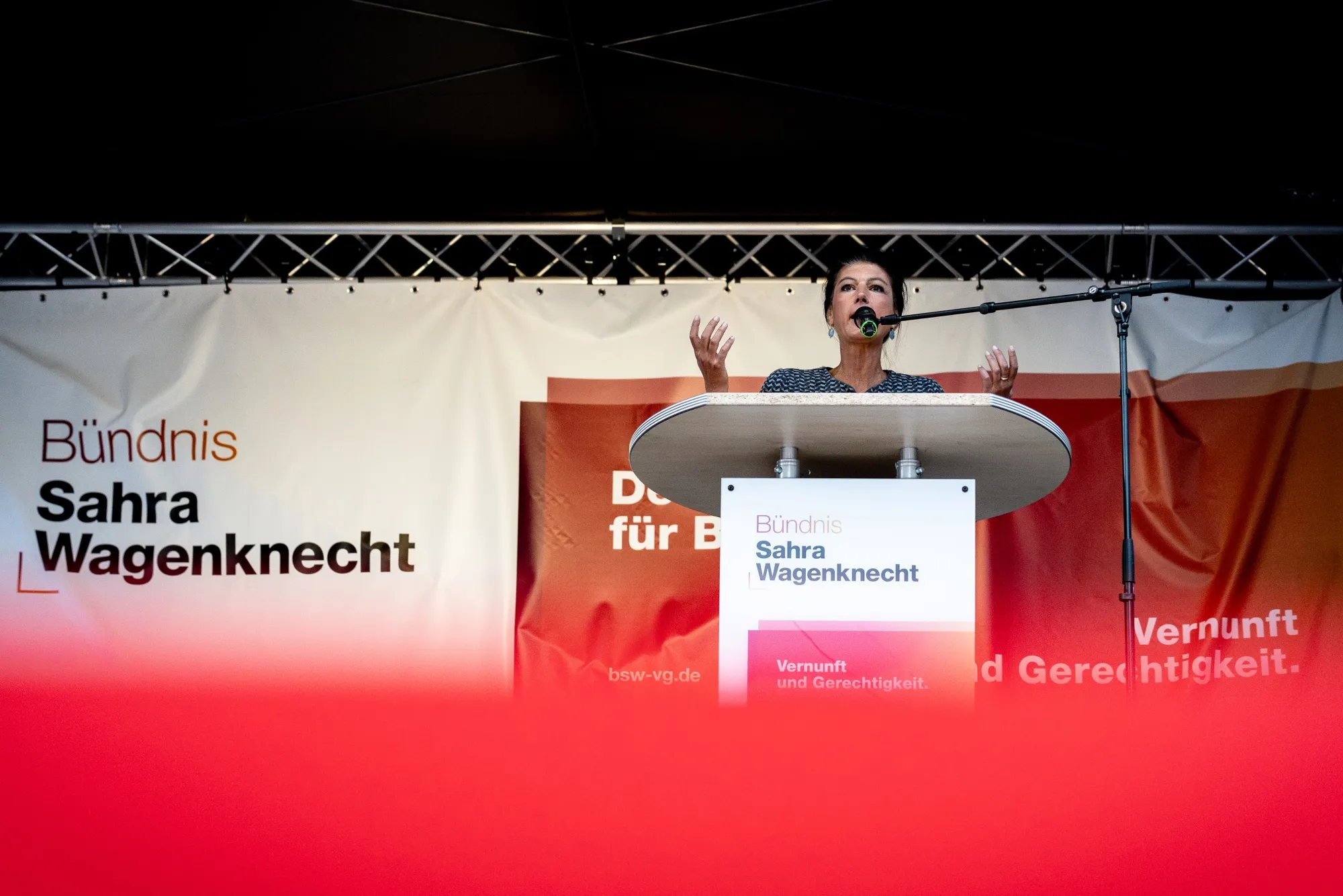 Sahra Wagenknecht speaking at a rally&nbsp;in Saarbruecken, Germany, on May 27.