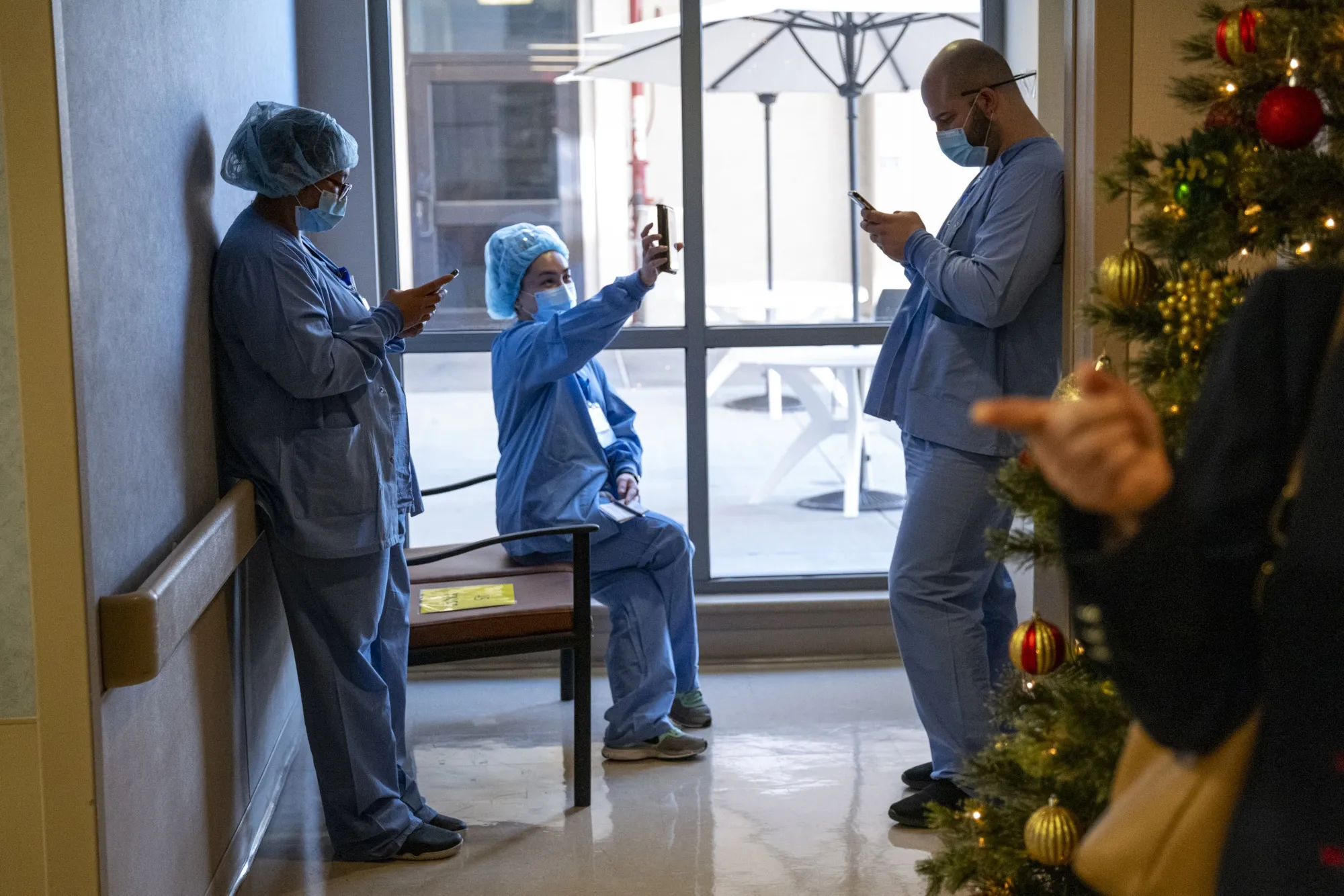 Healthcare workers wait to receive the Pfizer-BioNTech Covid-19 vaccine in San Jose, California.&nbsp;