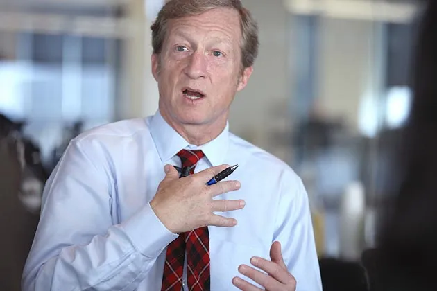 Steyer discusses his opposition to the Keystone XL pipeline during an interview in Washington