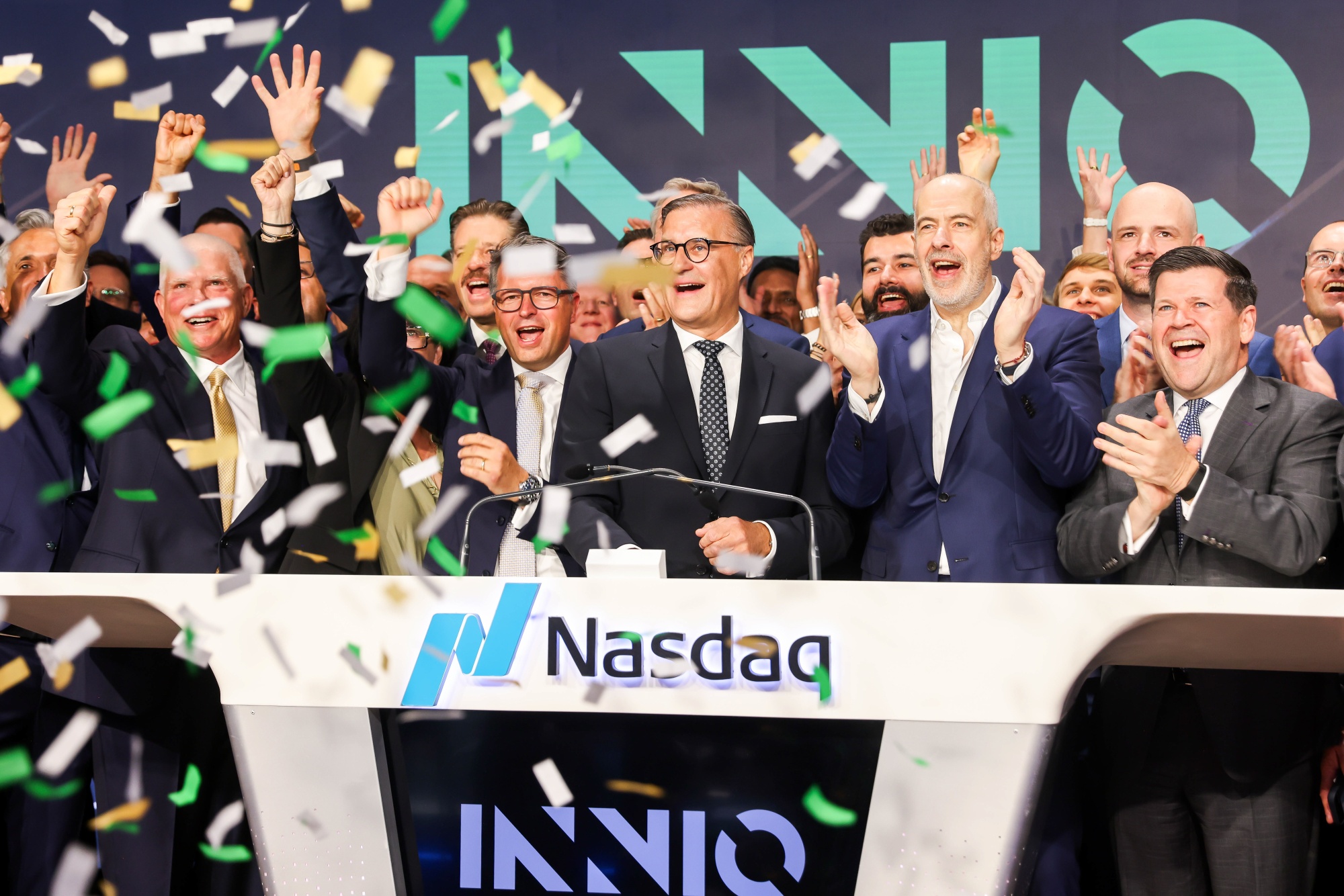 Olaf Berlien, president and chief executive officer of Innio Holding, center, rings the opening bell during the company’s initial public offering (IPO) at the Nasdaq MarketSite in New York, US, on Thursday, June 4, 2026. Gas engine manufacturer Innio Holding GmbH’s biggest shareholders raised $2.43 billion in an upsized initial public offering that priced at the top of the range. Photographer: Michael Nagle/Bloomberg