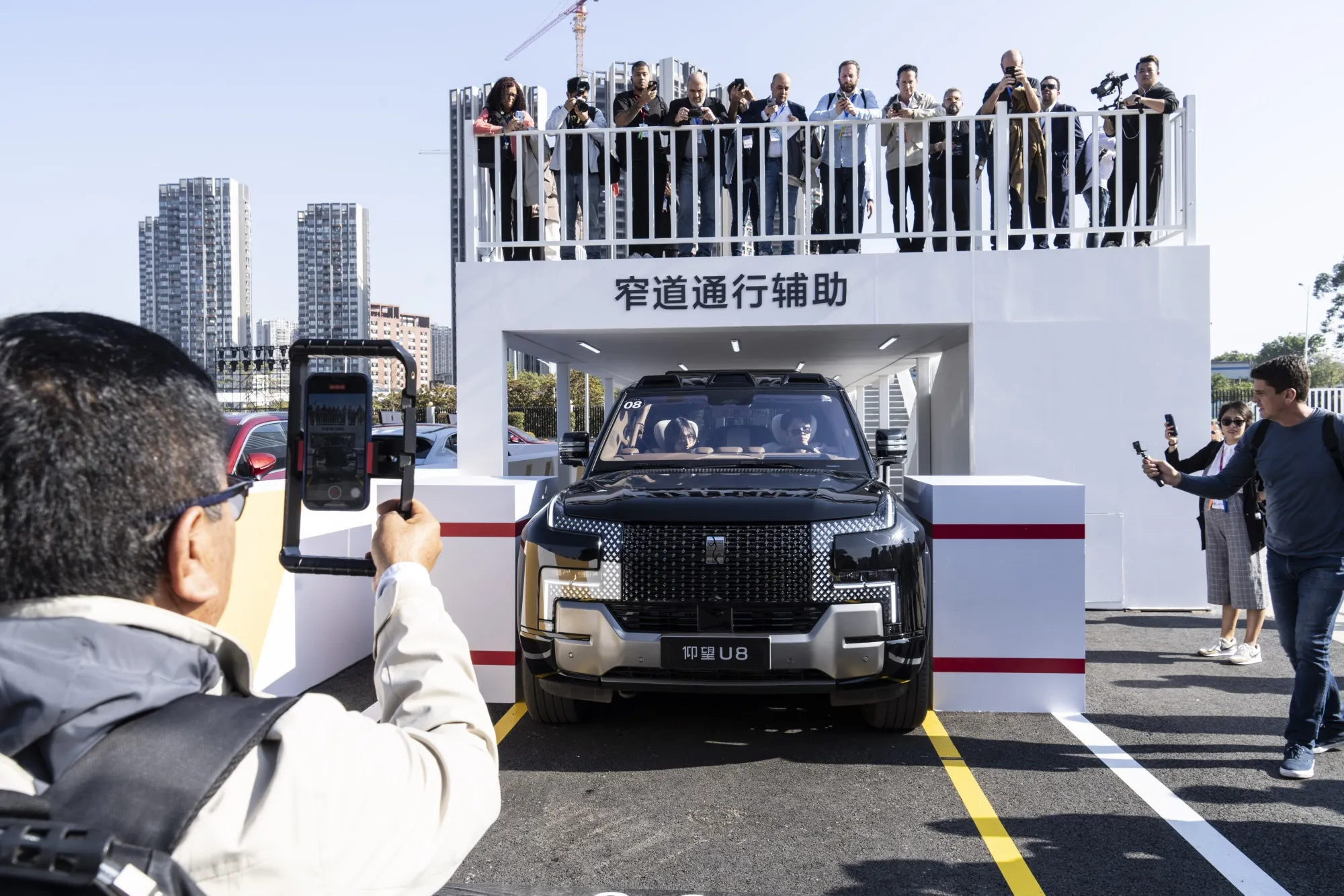 The Yangwang U8 demonstrating its collision control system at the BYD headquarters in Shenzhen.