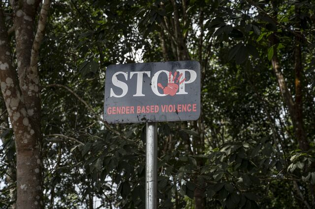 A 'Stop Gender Based Violence' at the Salala Rubber Corporation rubber plantation in Liberia's Margibi county.