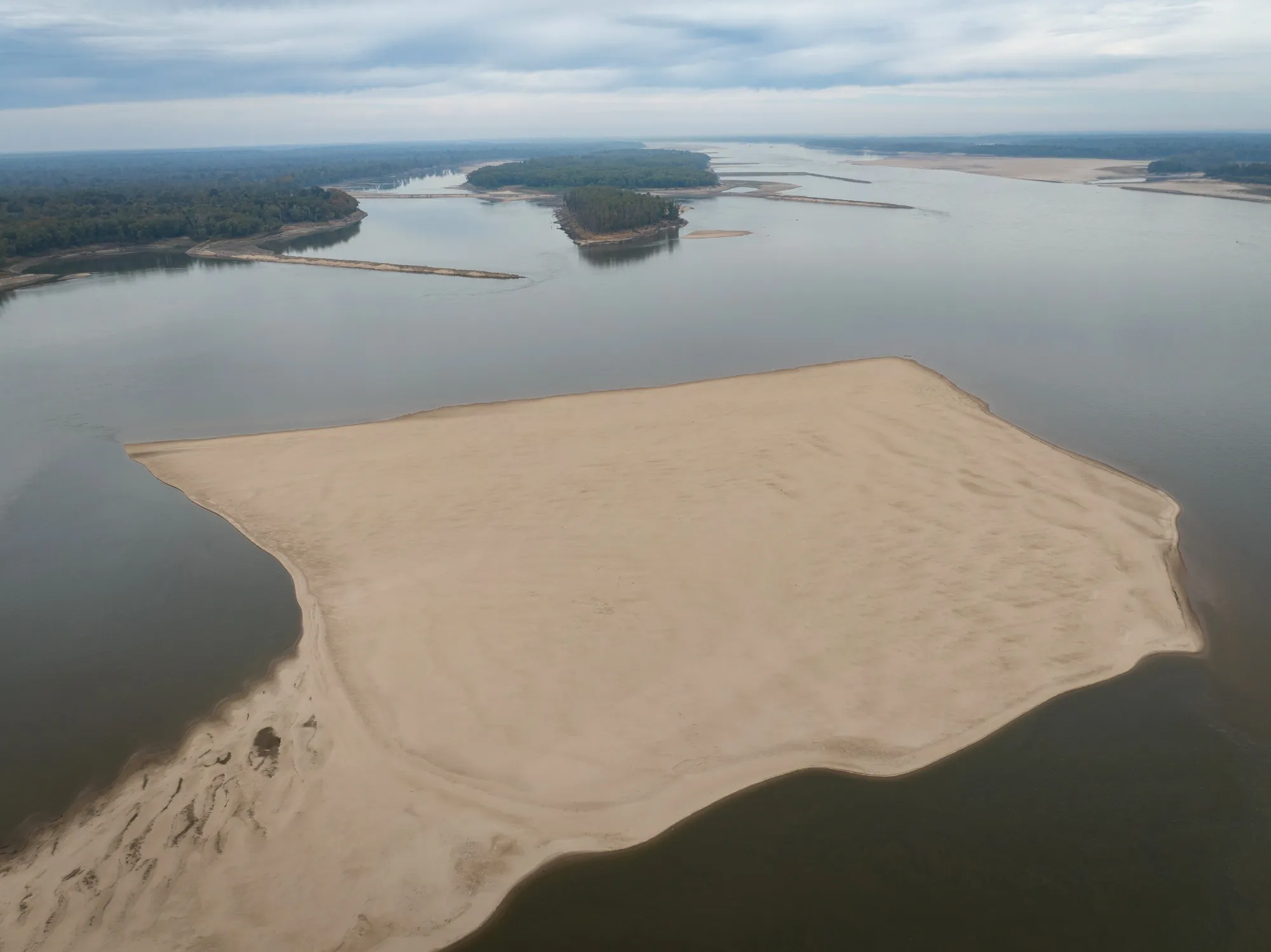An uncovered sandbar due to low water levels of the Mississippi River in Greenville, Mississippi, in 2022.