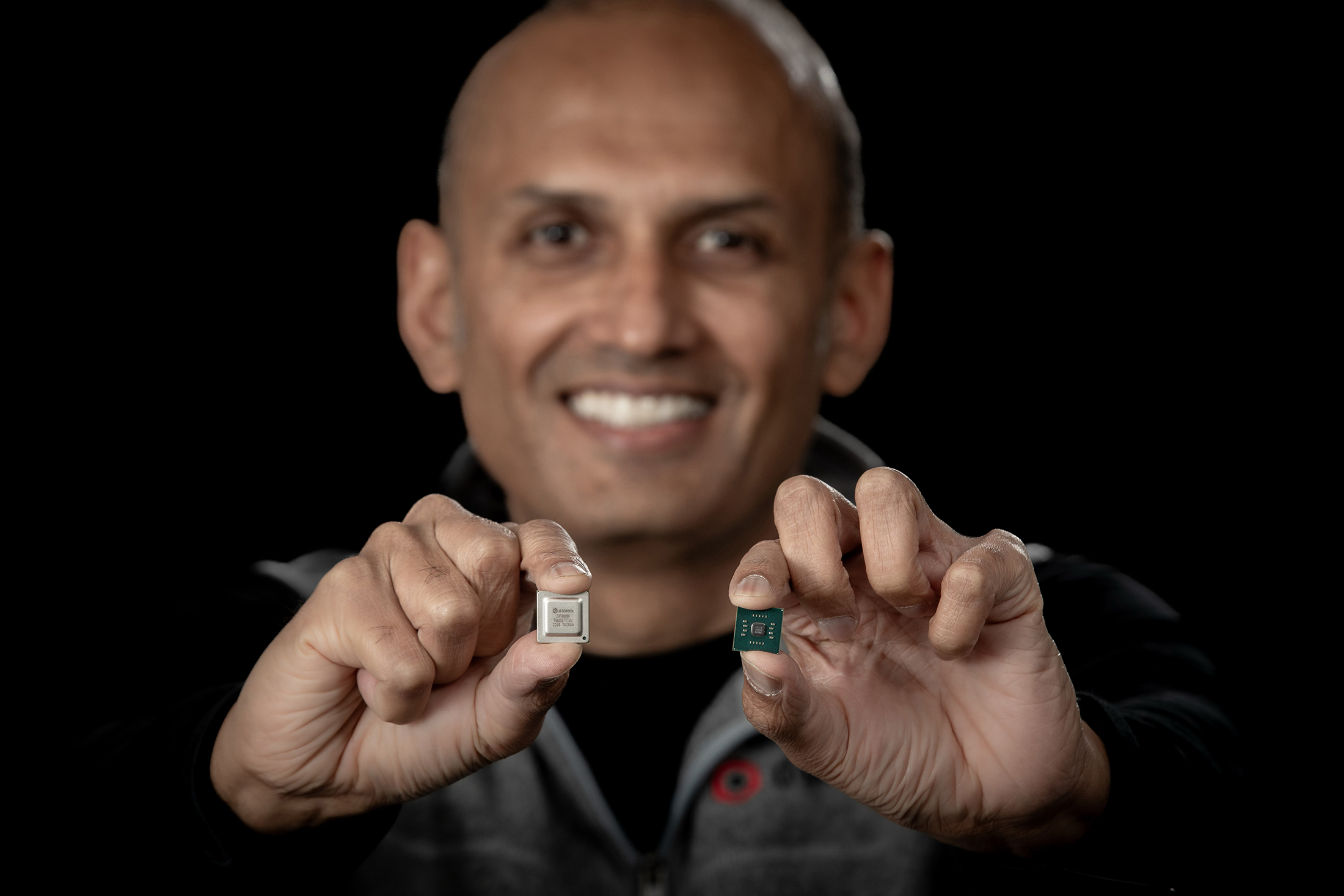 Sid Sheth, founder and CEO of d-Matrix, holds the company’s Jayhawk and Nighthawk chiplets.