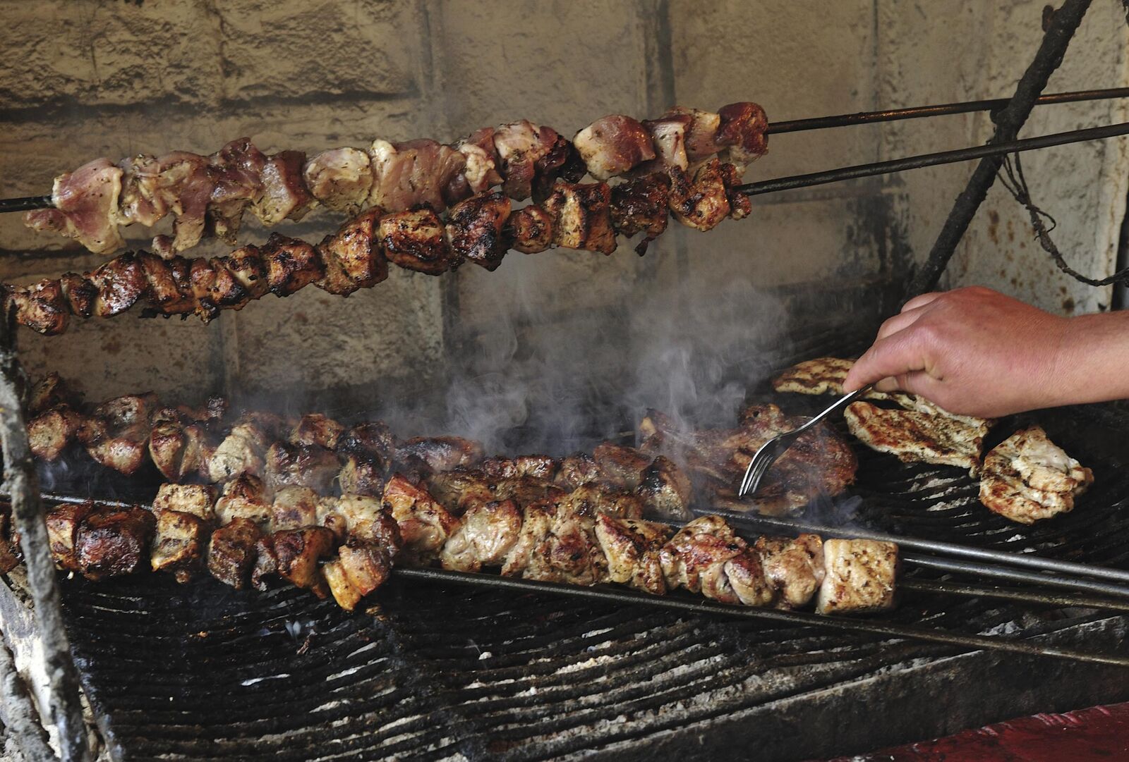 Souvlaki, grilled meat, Kastraki, Trikala, Greece.