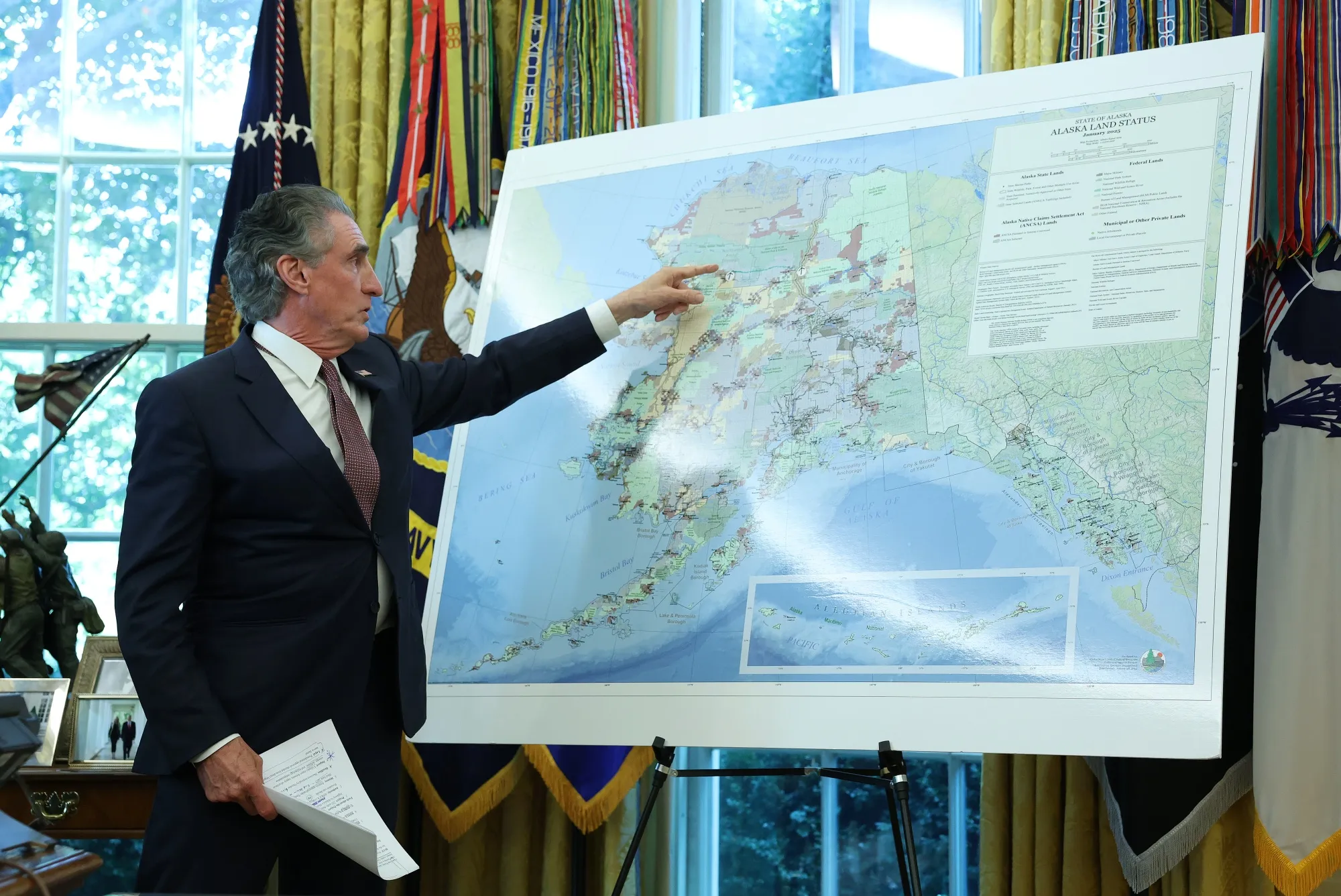 US&nbsp;Interior Secretary Doug Burgum speaks in the Oval Office of the White House on Oct. 6, 2025 in Washington.