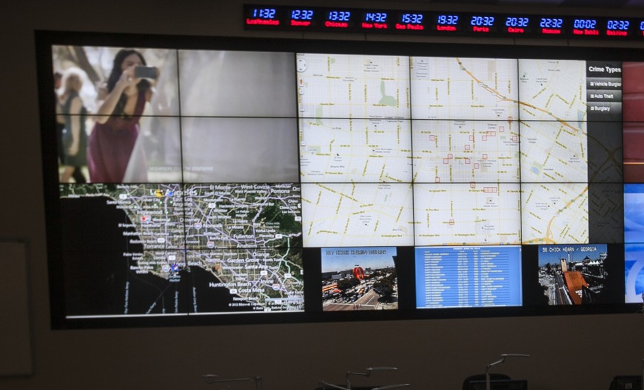 Computer generated &quot;predictive policing,&quot; zones at the Los Angeles Police Department Unified Command Post.