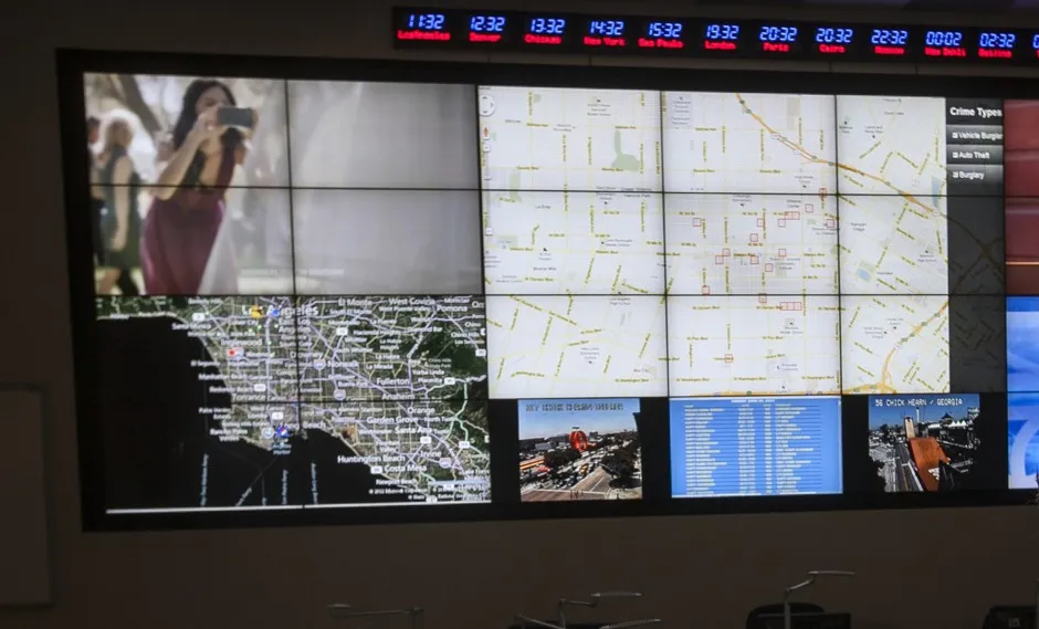 Computer generated "predictive policing," zones at the Los Angeles Police Department Unified Command Post.