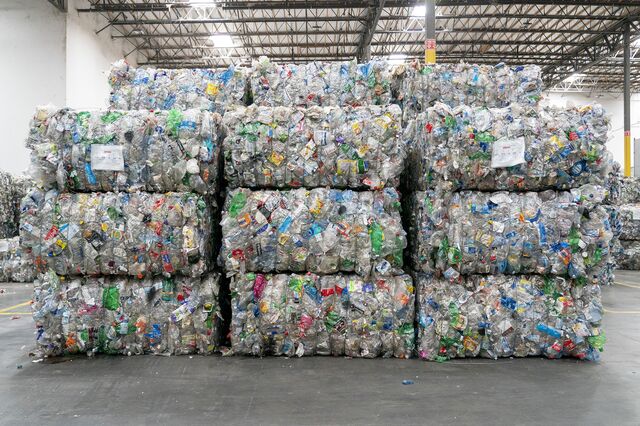 Bales of plastic bottles await processing at an rPlanet Earth facility in Vernon, Calif. 