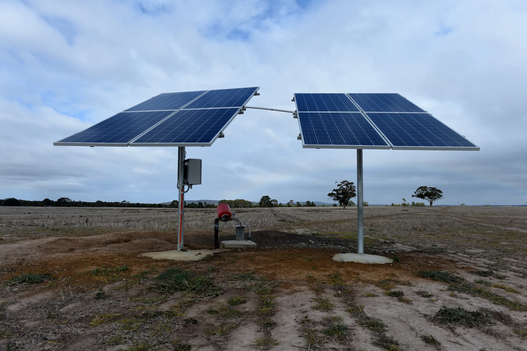 Solar panels sit on a farm in the town of Lal Lal, Victoria.