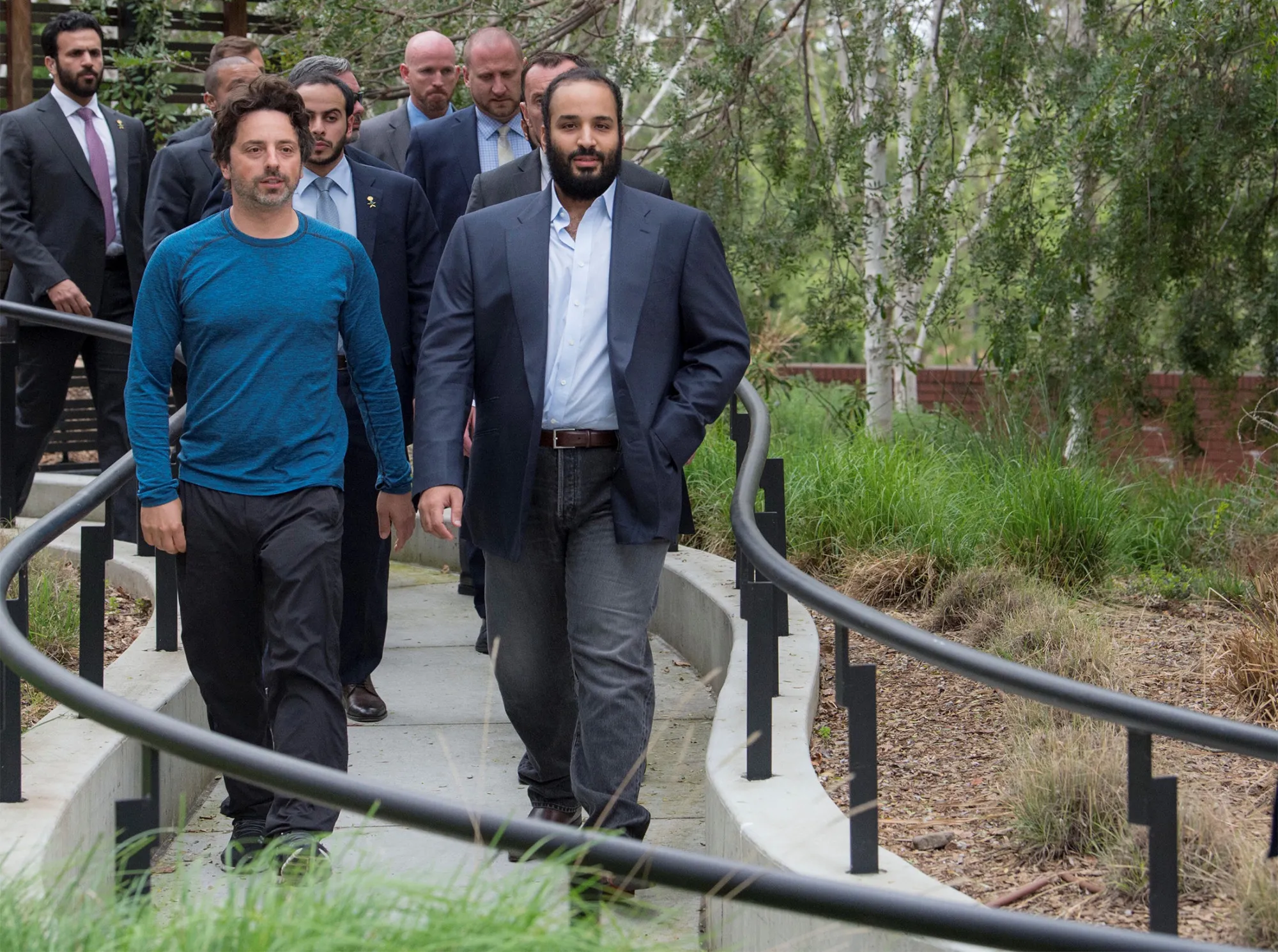 Crown Prince Mohammed bin Salman, right, walks with Google co-founder&nbsp;Sergey Brin&nbsp;during a visit to Google’s headquarters in Mountain View, California,&nbsp;on April 5.&nbsp;&nbsp;