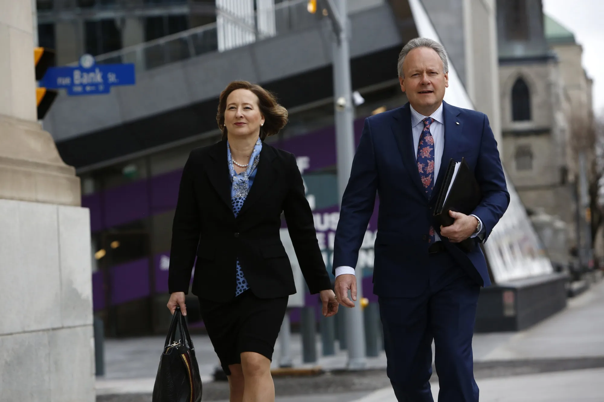 Goveror Stephen Poloz and Carolyn Wilkins, his top deputy, leave the Bank of Canada after their April rate decision.