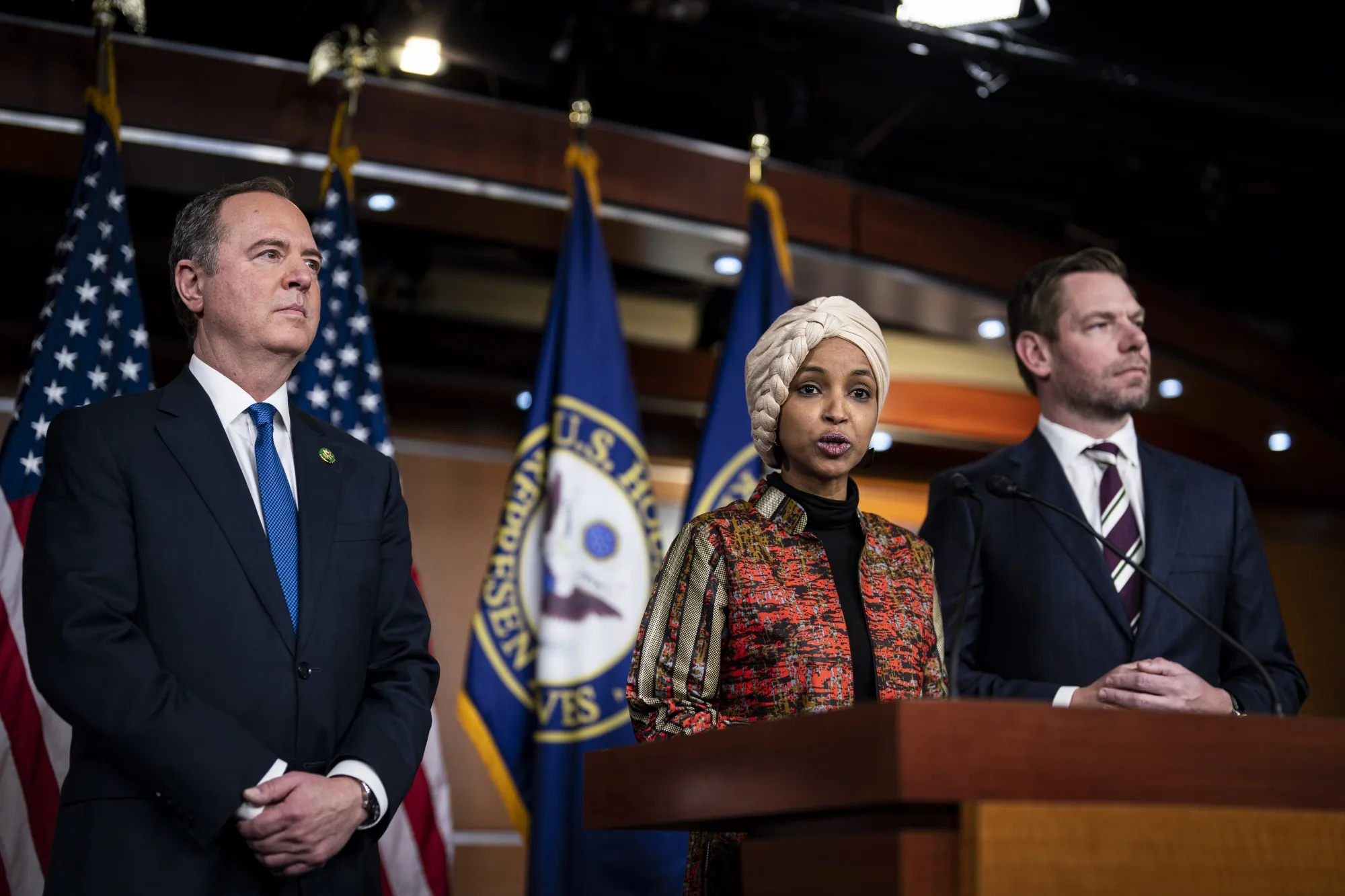 Representative Ilhan Omar, a Democrat from Minnesota, center.