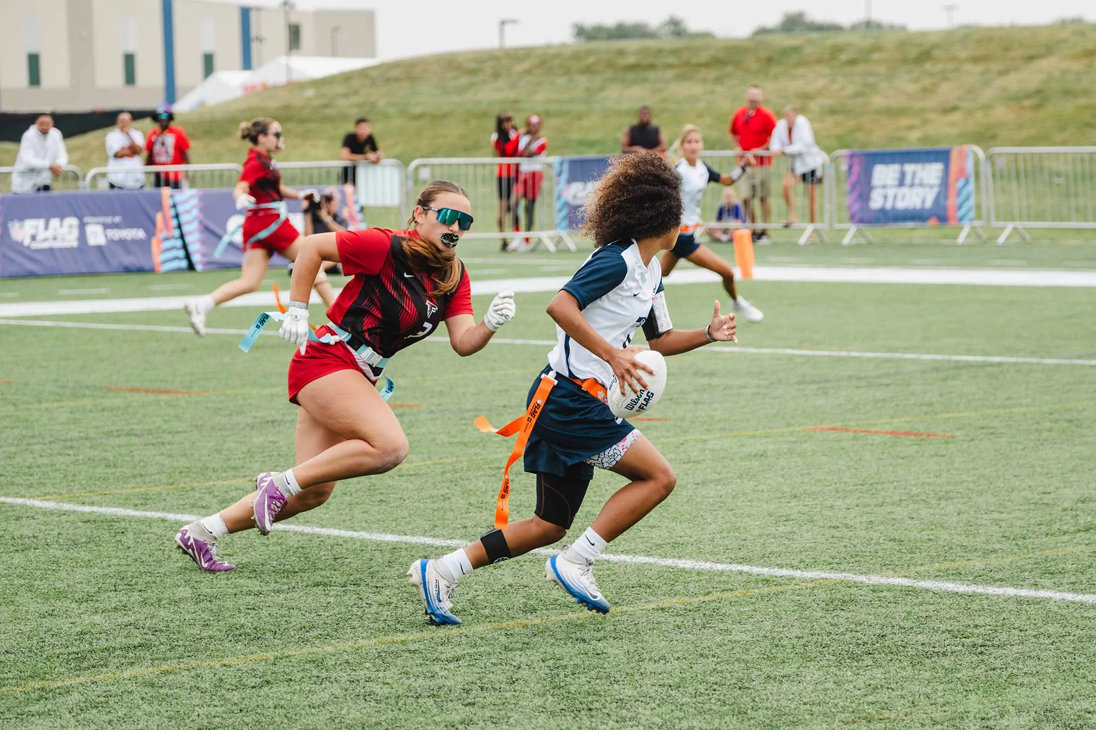 Action from the girls high school division of the NFL Flag Championships on July 25, 2026 in Westfield, Indiana.