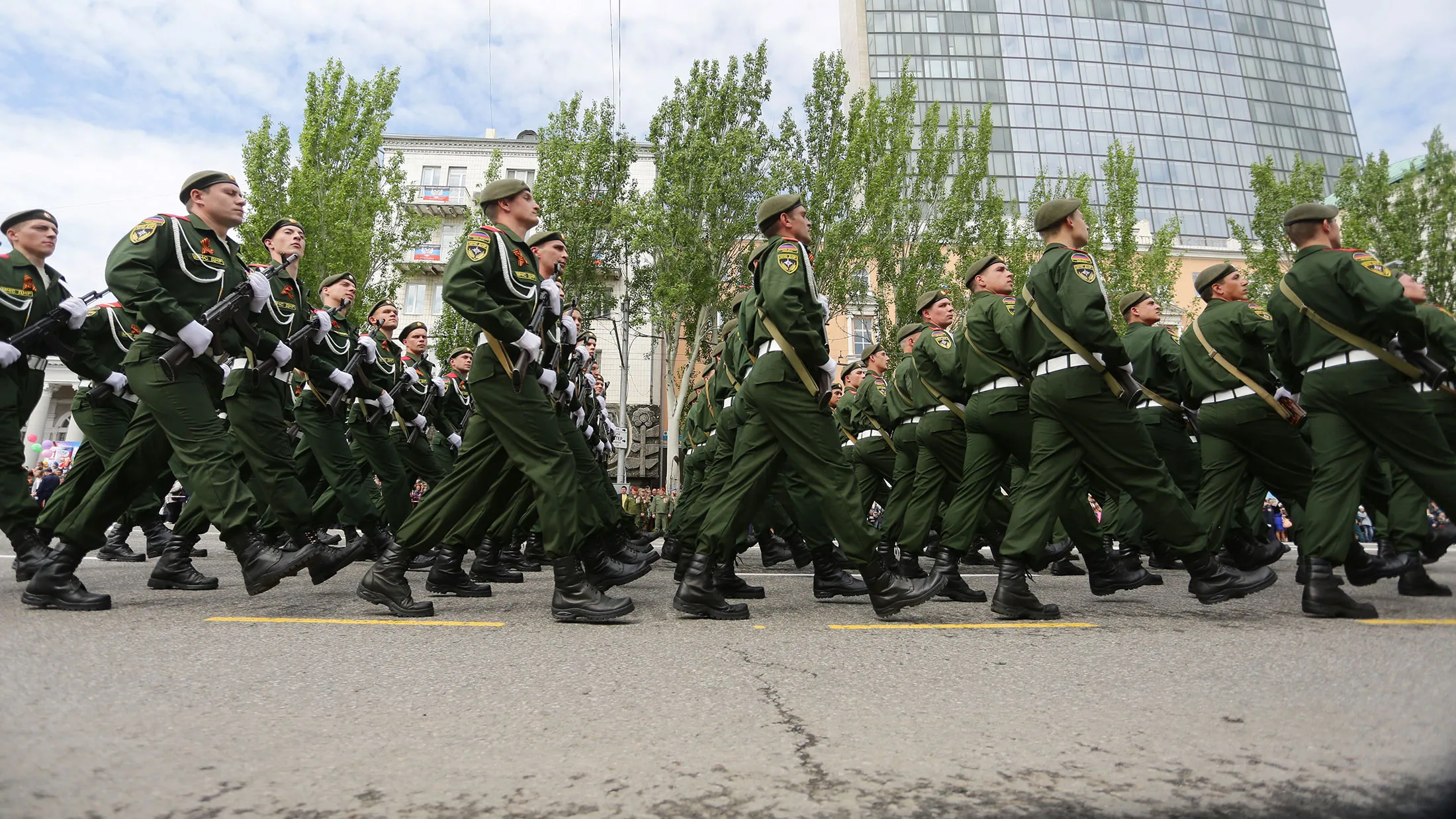 Pro-Russian separatists march during a parade in Donetsk on May 9, 2016.
