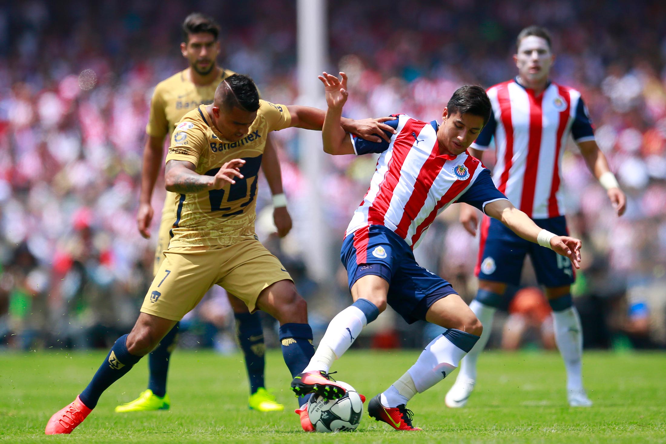 Javier Cortes of Pumas fights for the ball with Carlos Cisneros of Chivas during the 1st round match between Pumas UNAM and Chivas as part of the Torneo Apertura 2016 Liga MX at Olimpico Universitario Stadium on July 17, 2016 in Mexico City, Mexico.
