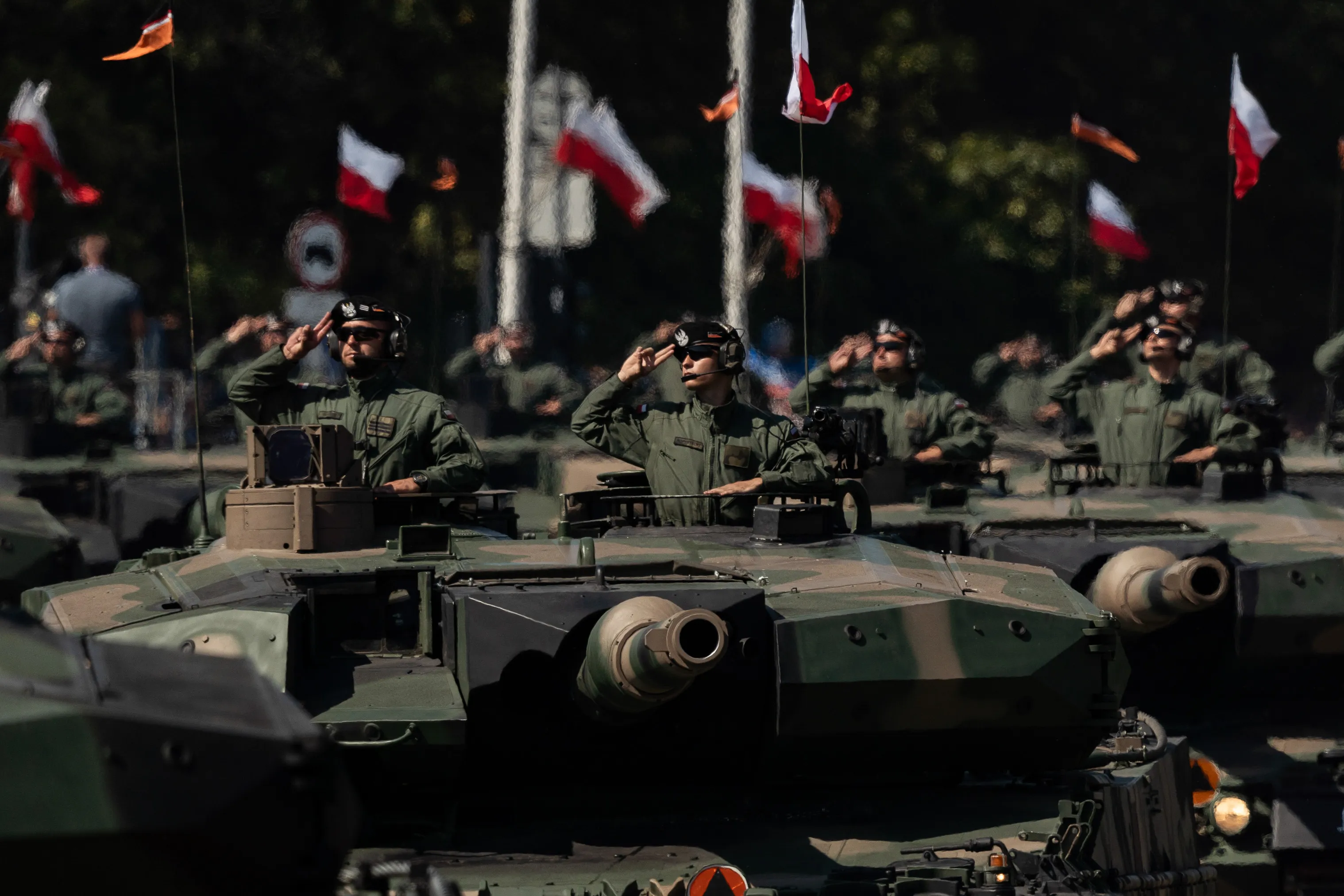 Leopard tanks during a Polish Army Parade in Warsaw in 2025.