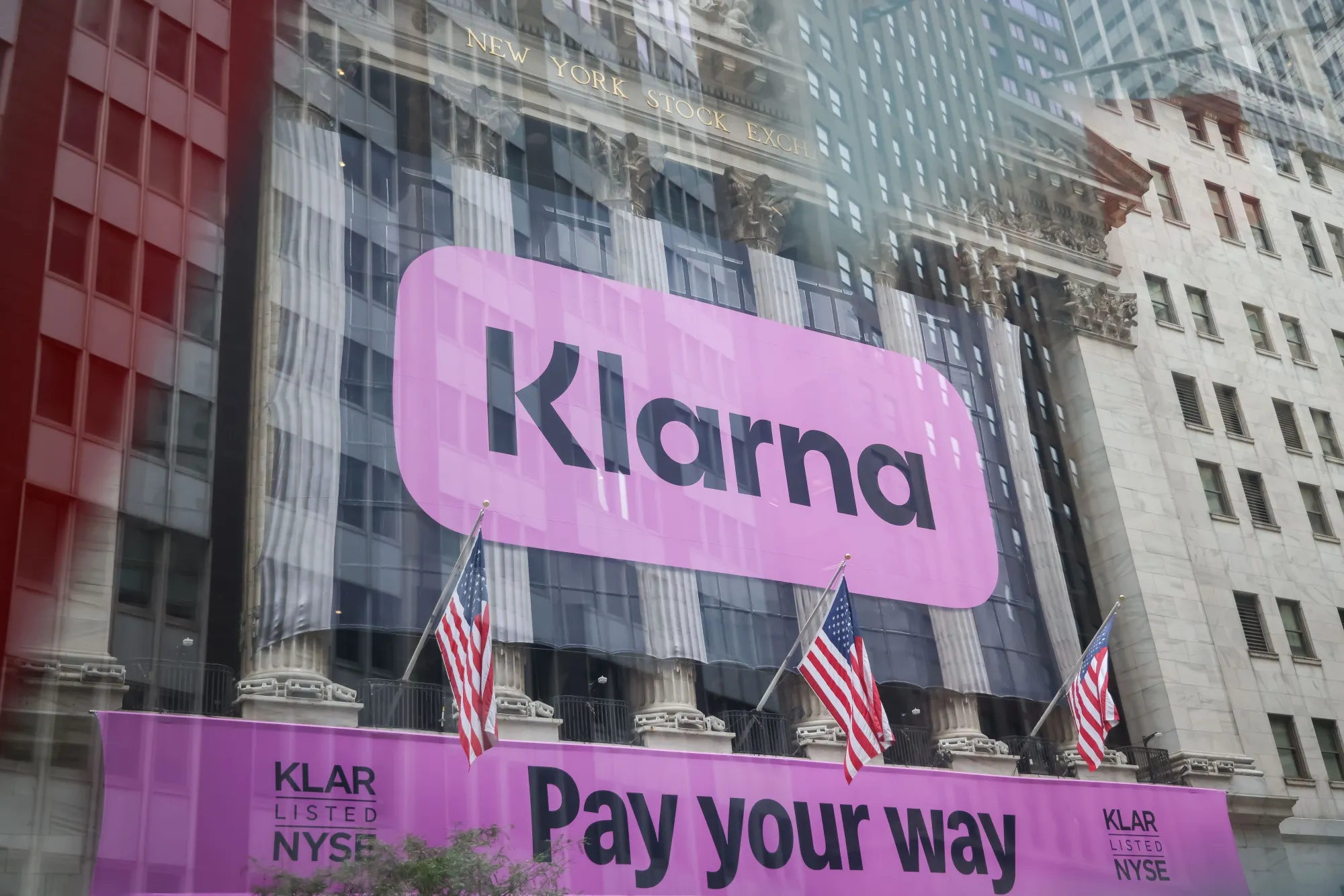 Klarna Group Plc signage during the company's initial public offering at the New York Stock Exchange on Sept. 10.