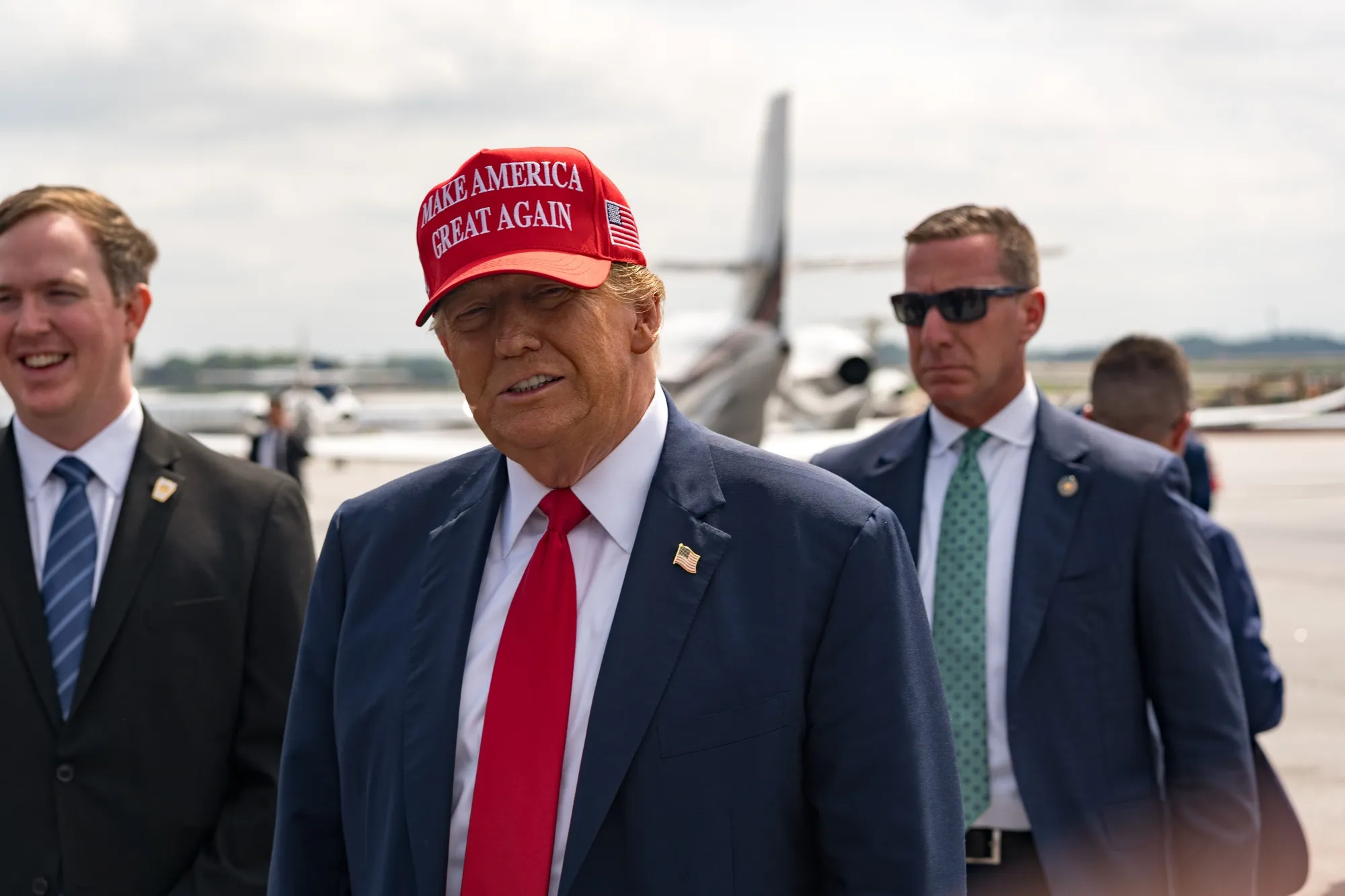 Donald Trump speaks to the media before a campaign rally&nbsp;at the Atlanta Airport in Georgia on April 10.
