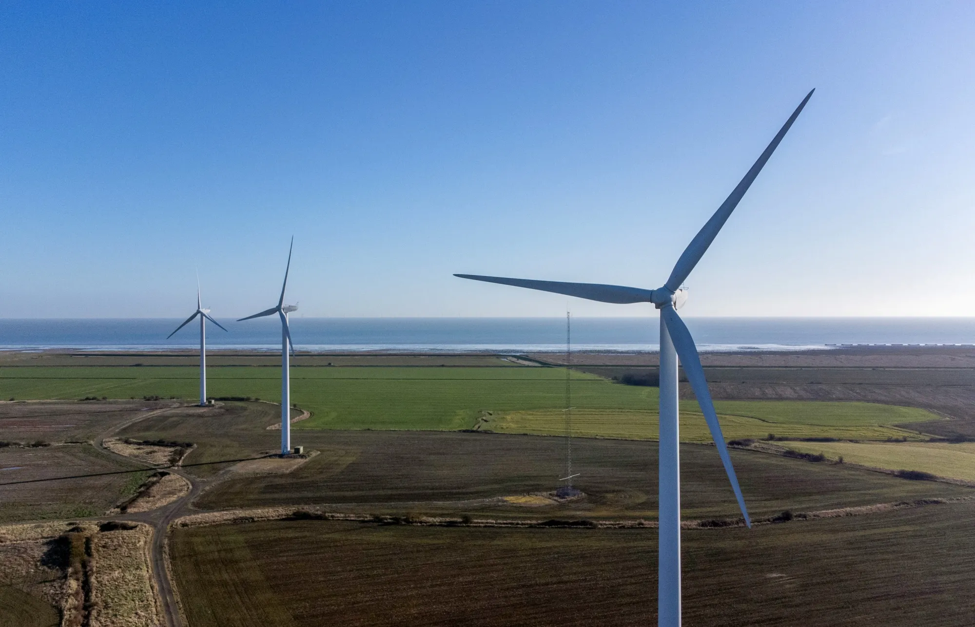 An onshore wind farm in Bradwell-on-Sea, UK.