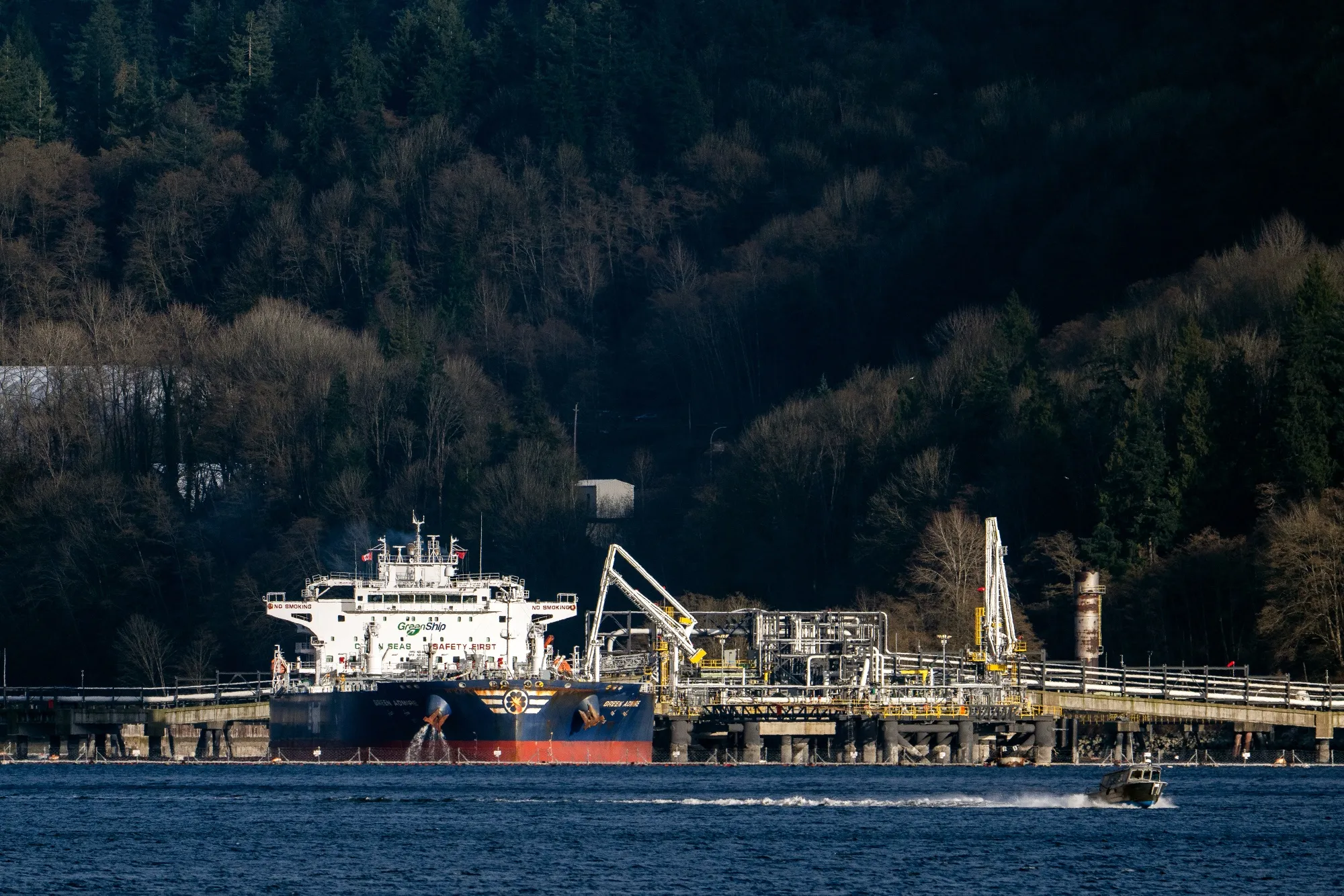 An oil tanker is loaded at the Westridge Marine Terminal at the end point of the Trans Mountain Pipeline System in the Vancouver region.&nbsp;