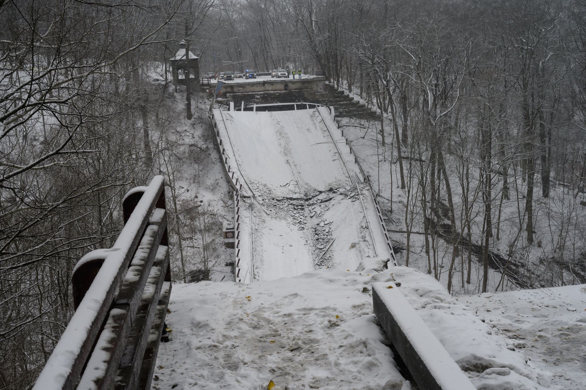 A collapsed bridge along Forbes Avenue near Frick Park in Pittsburgh, on Jan. 28, 2022.