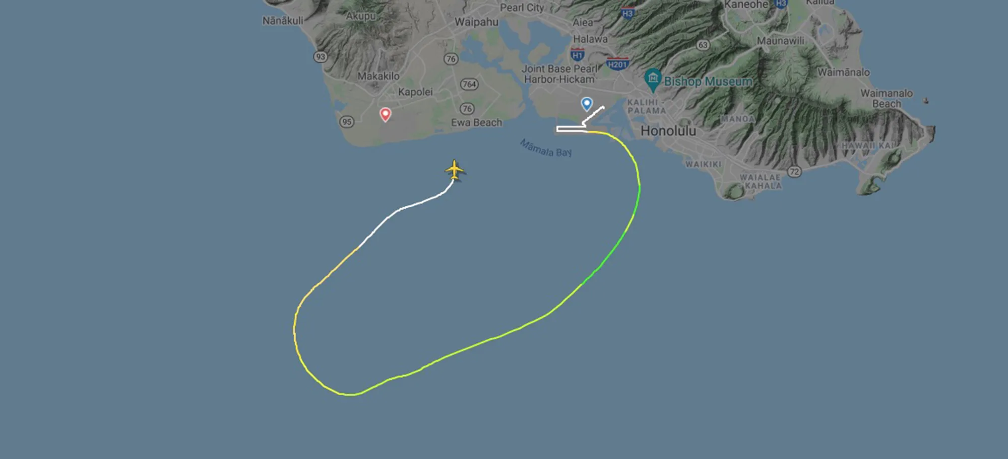 The Transair T4810 path and emergency landing in the water near Honolulu.