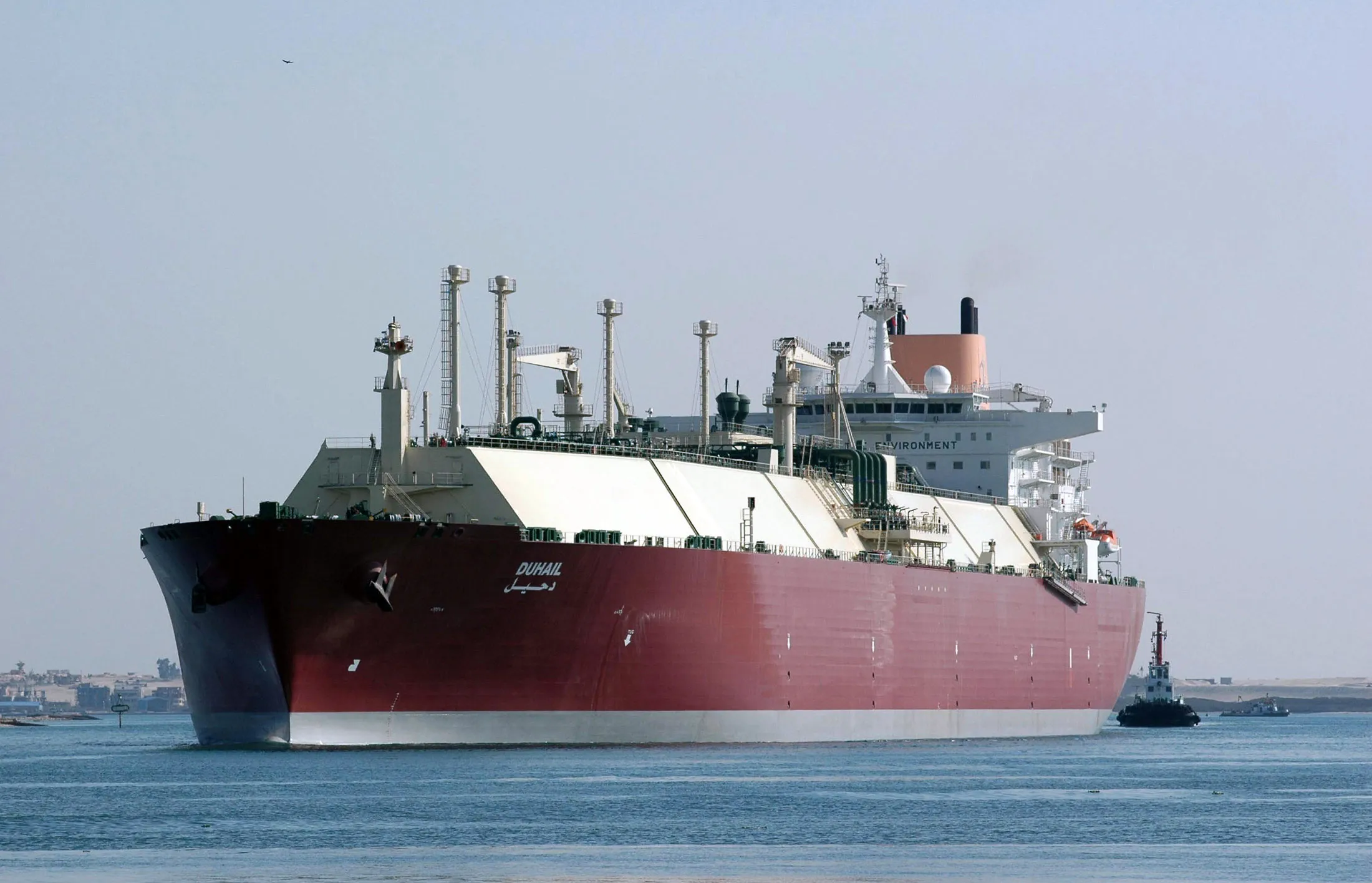Qatari Liquefied Natural Gas (LNG) carrier "Duhail" passes through the Suez Canal near the Egyptian port city of Ismailia.

