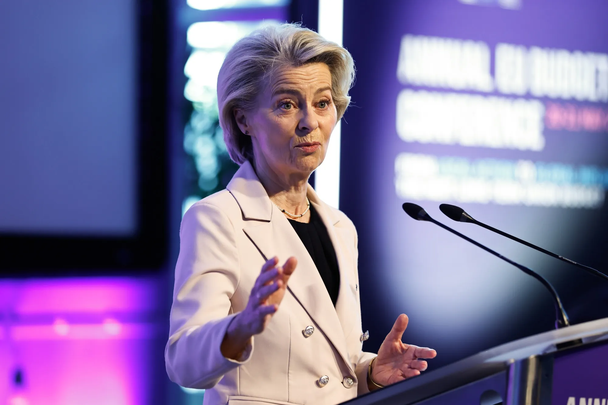 Ursula von der Leyen, president of the European Commission, speaking in Brussels in May.