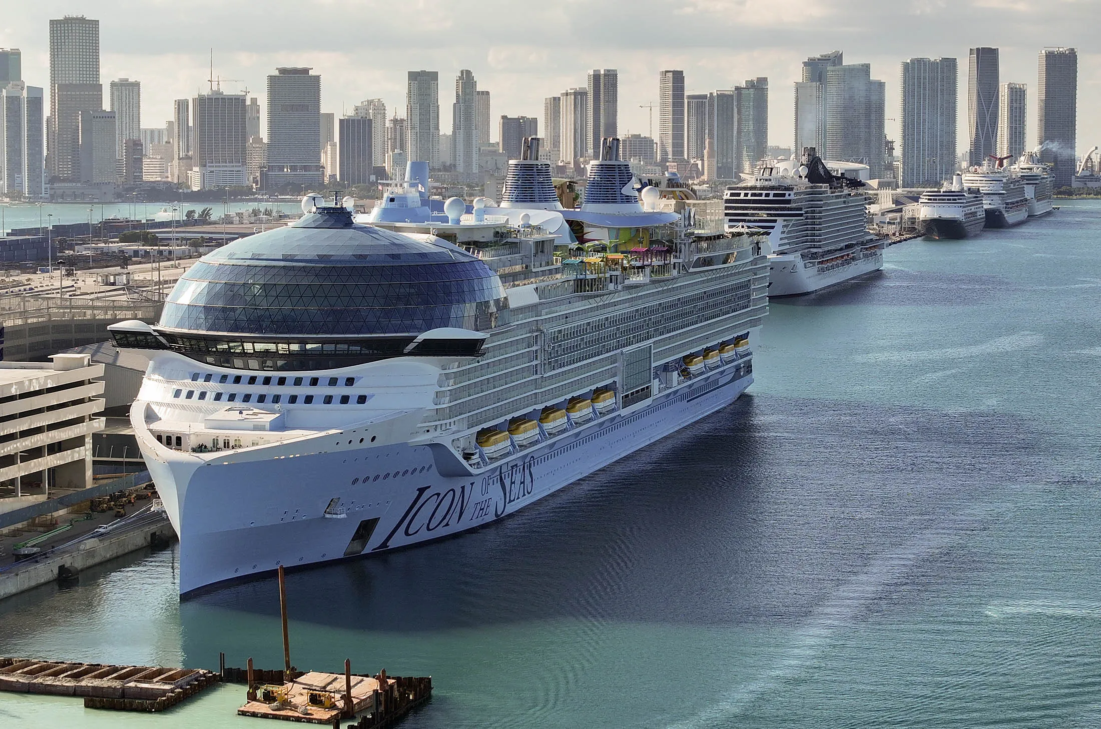 Cruise ships including Royal Caribbean’s Icon of the Seas&nbsp;in Miami.