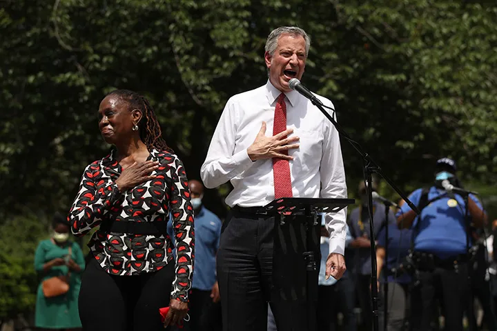 Bill de Blasio speaks during a memorial service for George Floyd in Brooklyn’s Cadman Plaza Park, in New York, on June 4.