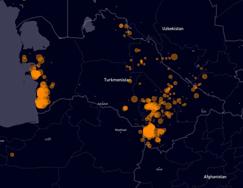 Clouds of methane detected over western and eastern Turkmenistan from January 2019 to present.&nbsp;
